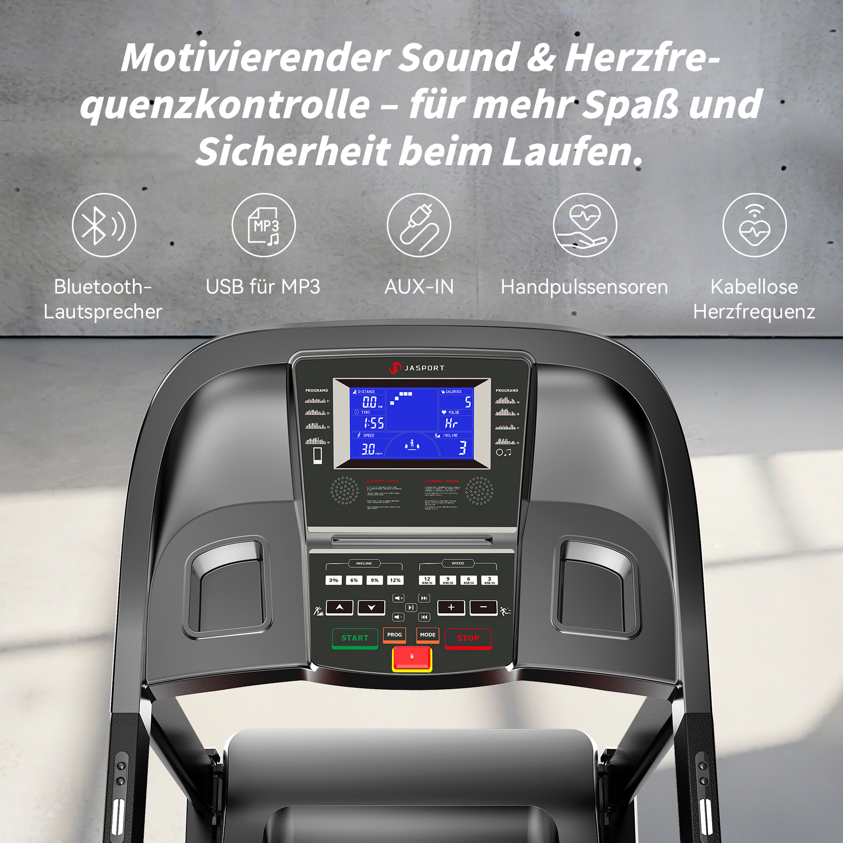 Cinta de correr con pantalla digital que muestra velocidad, tiempo y otras métricas. Tiene botones de inicio, parada y configuración.