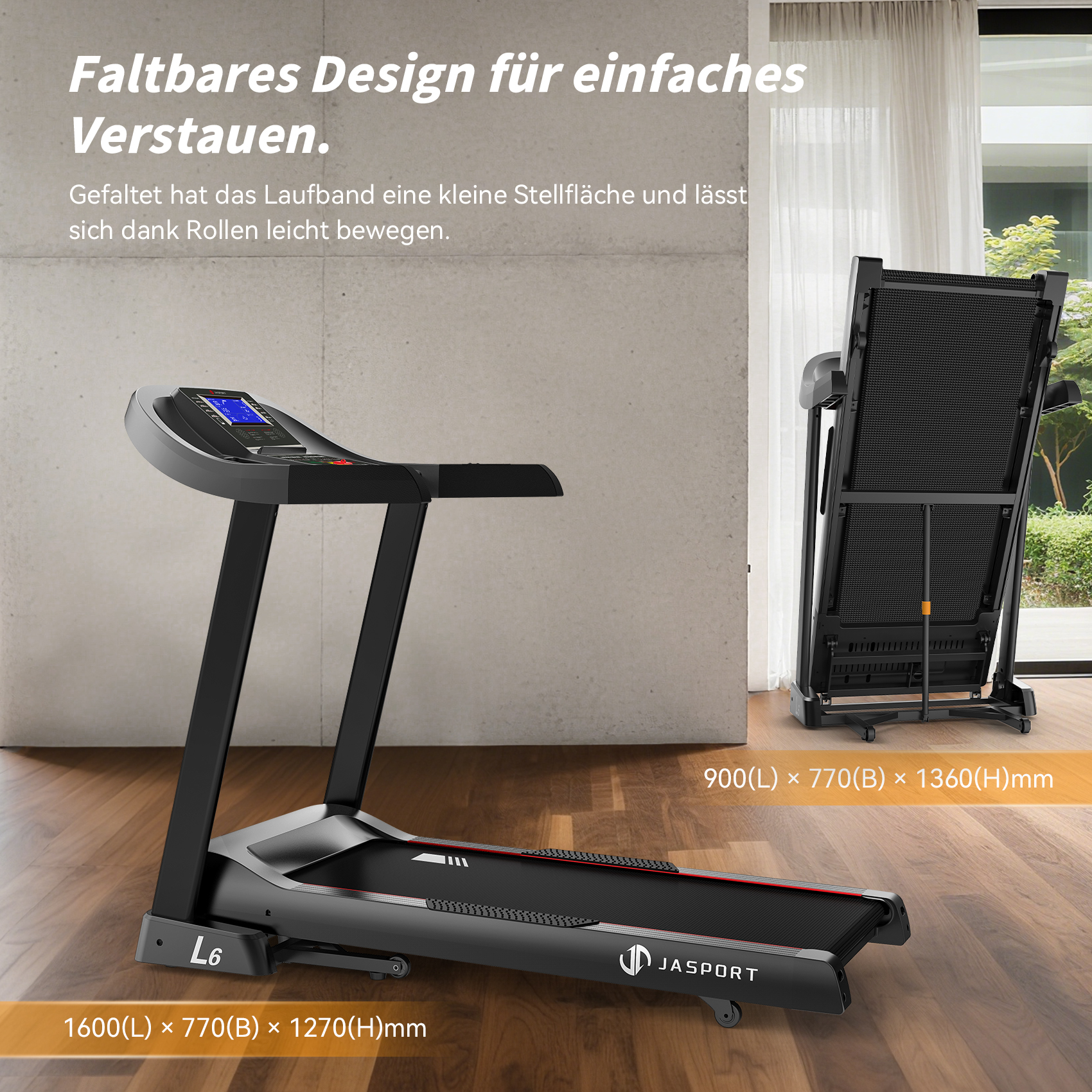 Ein schwarzes Laufband in zwei Positionen, gefaltet und entfaltet. Der Hintergrund ist ein Holzboden und eine helle Wand.