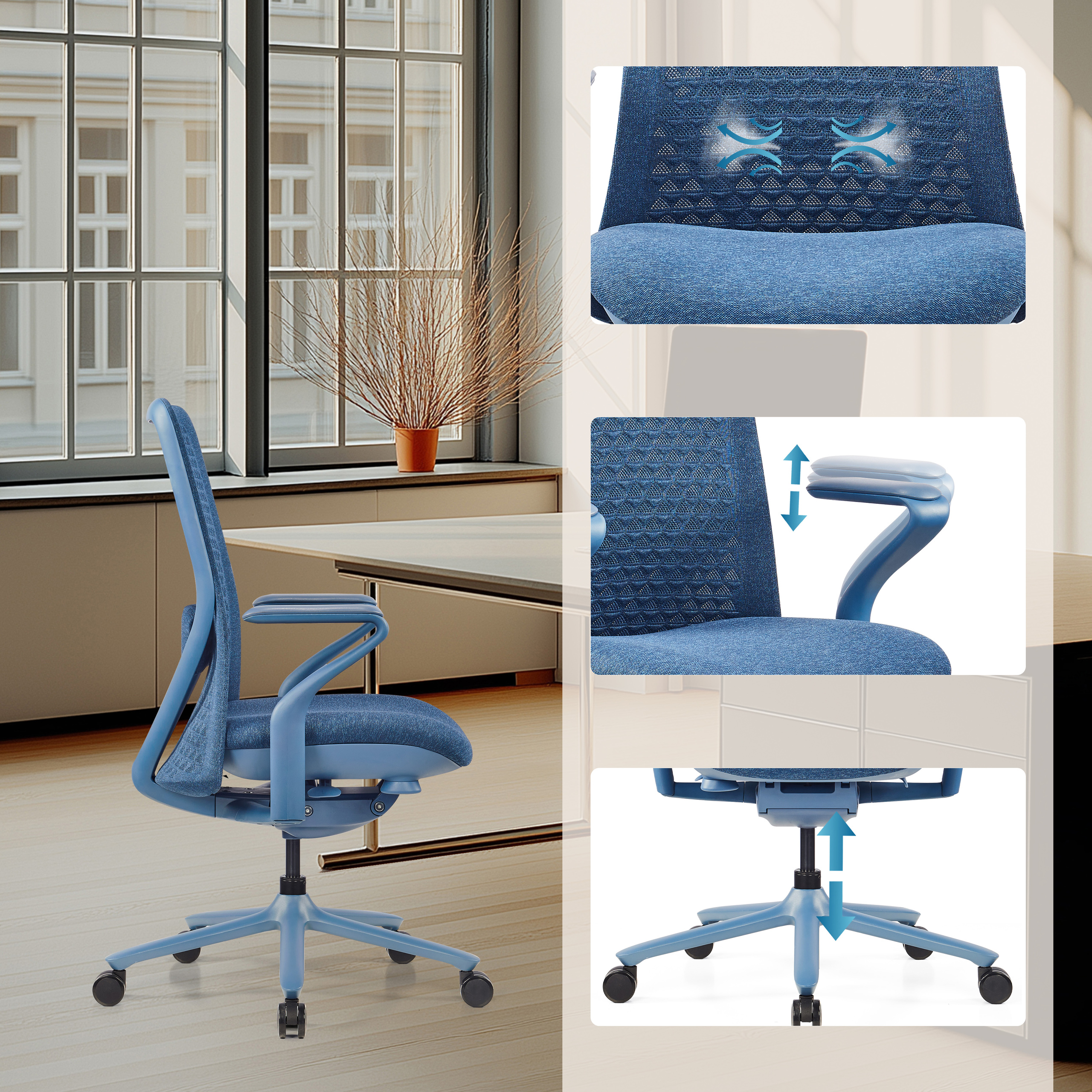 Blauer ergonomischer Bürostuhl mit verstellbaren Armlehnen und Höheneinstellungen. Details von Rücken und Untergestell.