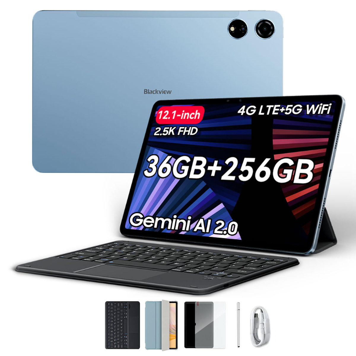 Un tablet blu con tastiera e accessori. Lo schermo mostra le specifiche: 12,1 pollici, 2,5K FHD, 36GB+256GB e Gemini AI 2.0.