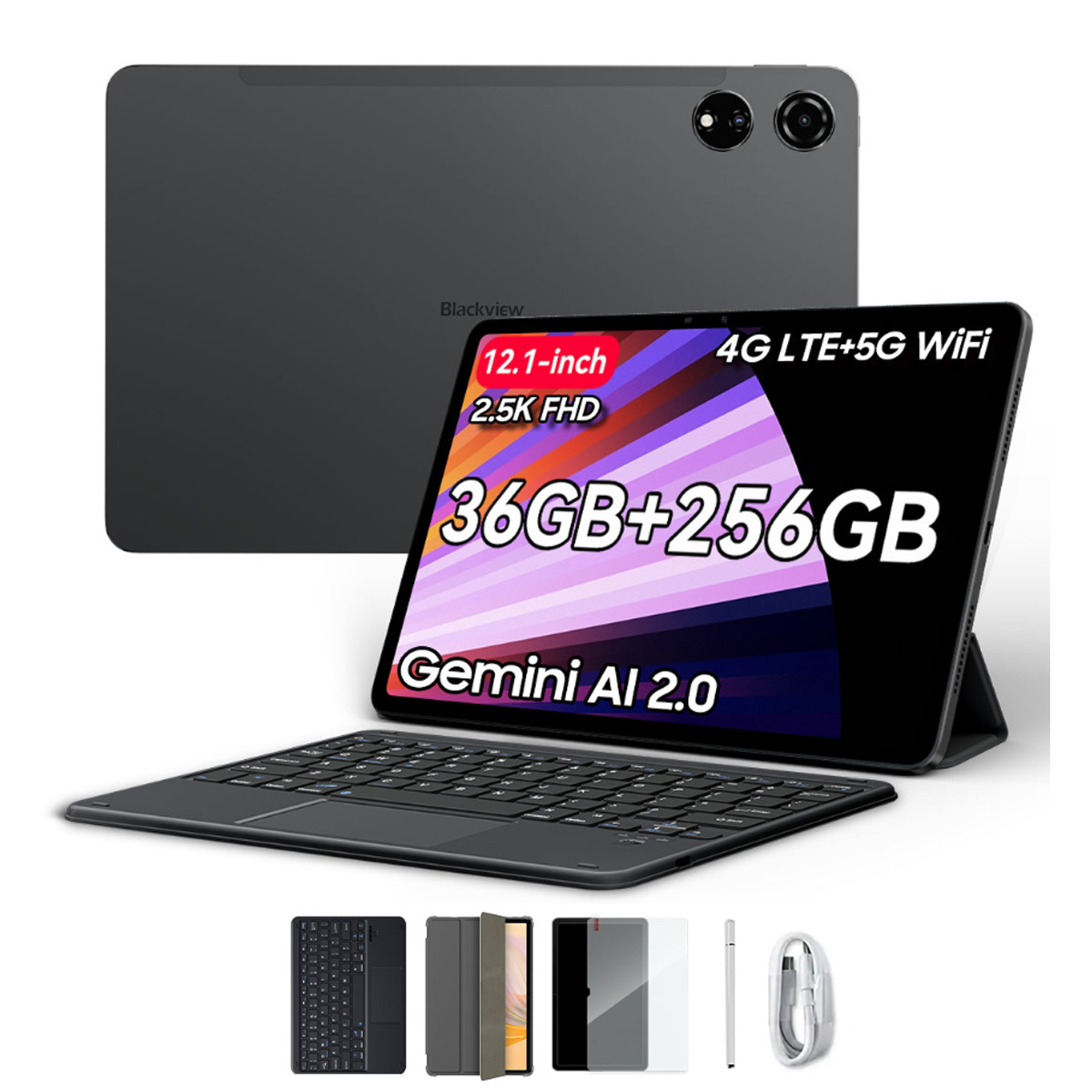 Un tablet Blackview con tastiera e accessori. Caratteristiche: schermo da 12,1 pollici, memoria 36 GB+256 GB e 4G LTE+5G WiFi.