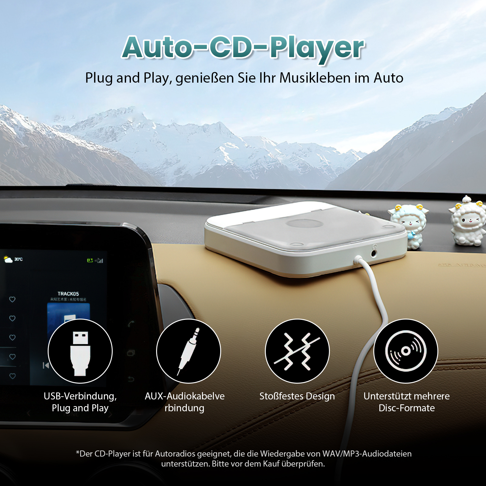Auto-Innenraum mit CD-Player, Berge im Hintergrund. Verfügt über USB, AUX und Disc-Format-Unterstützung. Süße Schaf-Figuren sind vorhanden.