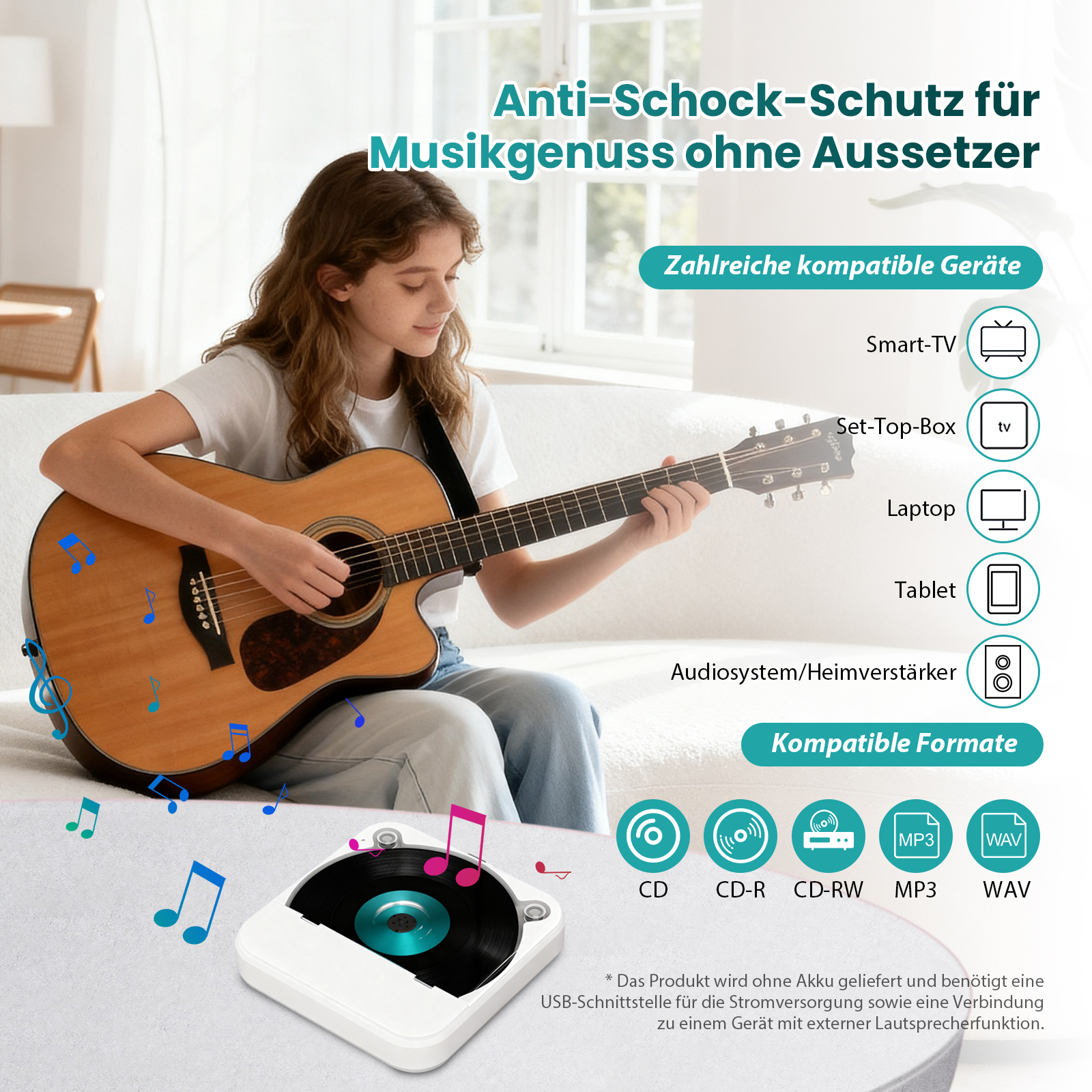 Ein Mädchen spielt Gitarre. Ein Plattenspieler ist vorne. Musiknoten schweben herum. Kompatible Geräte und Formate werden gezeigt.