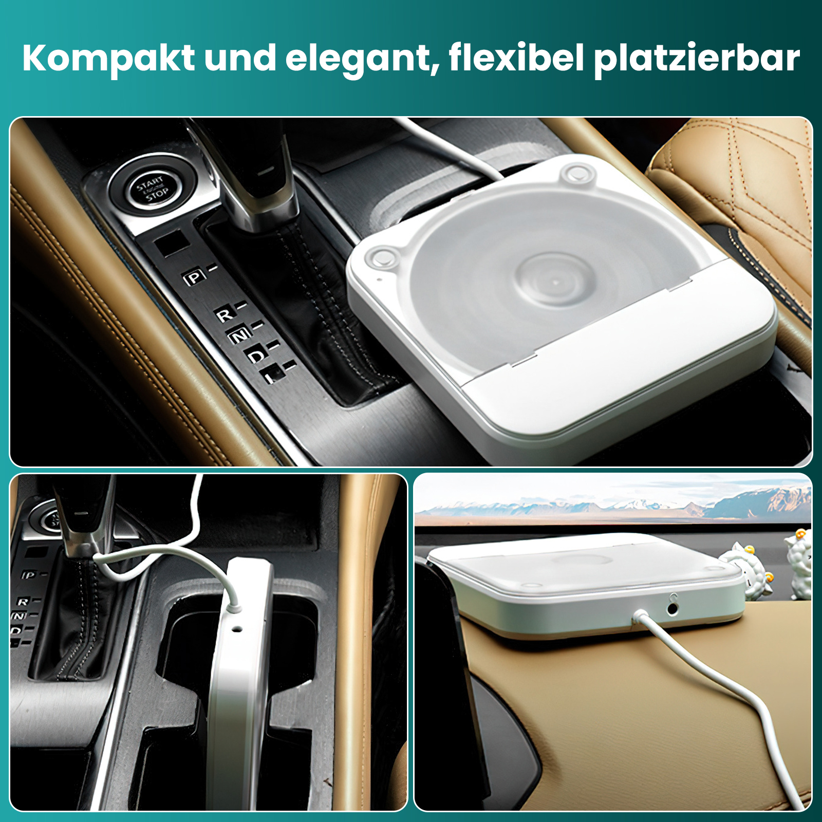 Ein weißes Gerät im Inneren eines Autos, verbunden durch ein Kabel. Gangschaltung und Armaturenbrett sind sichtbar.