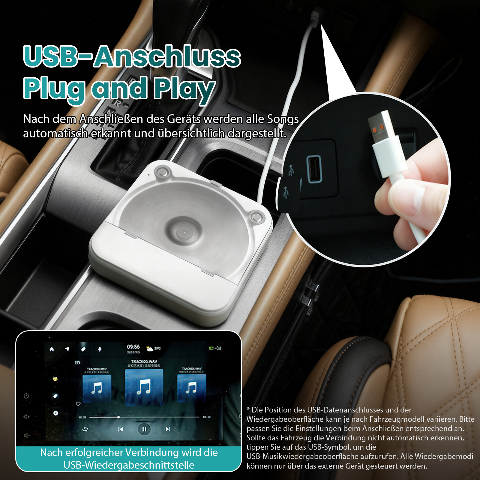 Autointerieur mit weißem Gerät, USB-Kabel und Bildschirm mit Musikoberfläche. Eine Hand hält das USB-Kabel.