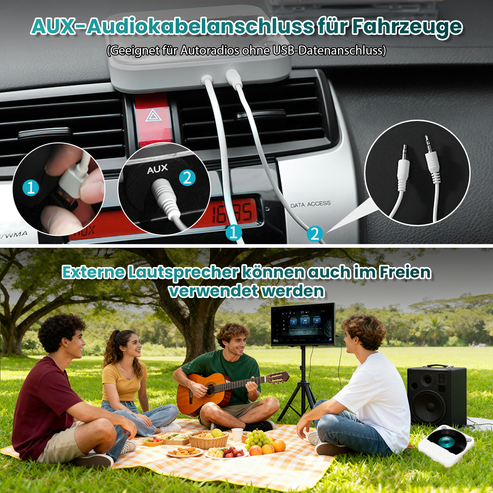 Bild zeigt Auto-Audio-Setup und eine Gruppe von Freunden, die im Freien Musik genießen, mit Gitarre und Lautsprechern.