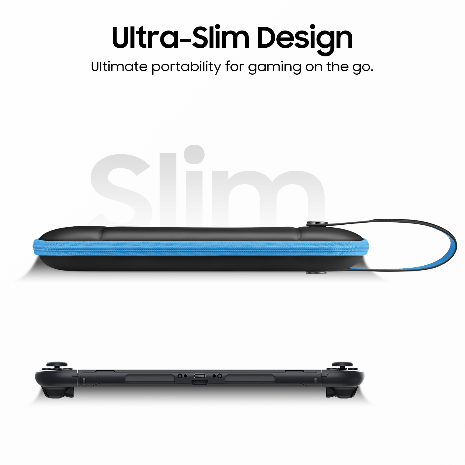 Das Bild zeigt eine schwarze Hülle mit blauem Reißverschluss. Darunter befindet sich ein schwarzer Gamecontroller. Der Text lautet 'Ultra-Slim Design'.