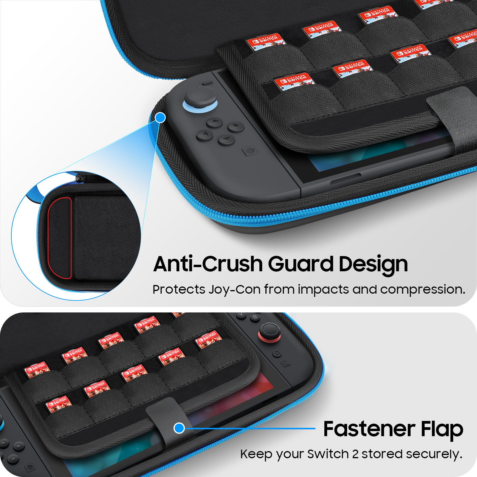 Schwarzes Switch-Etui mit blauem Reißverschluss, enthält eine Switch-Konsole, Spielkassetten und eine Verschlussklappe. Text 'Anti-Crush Guard Design'.