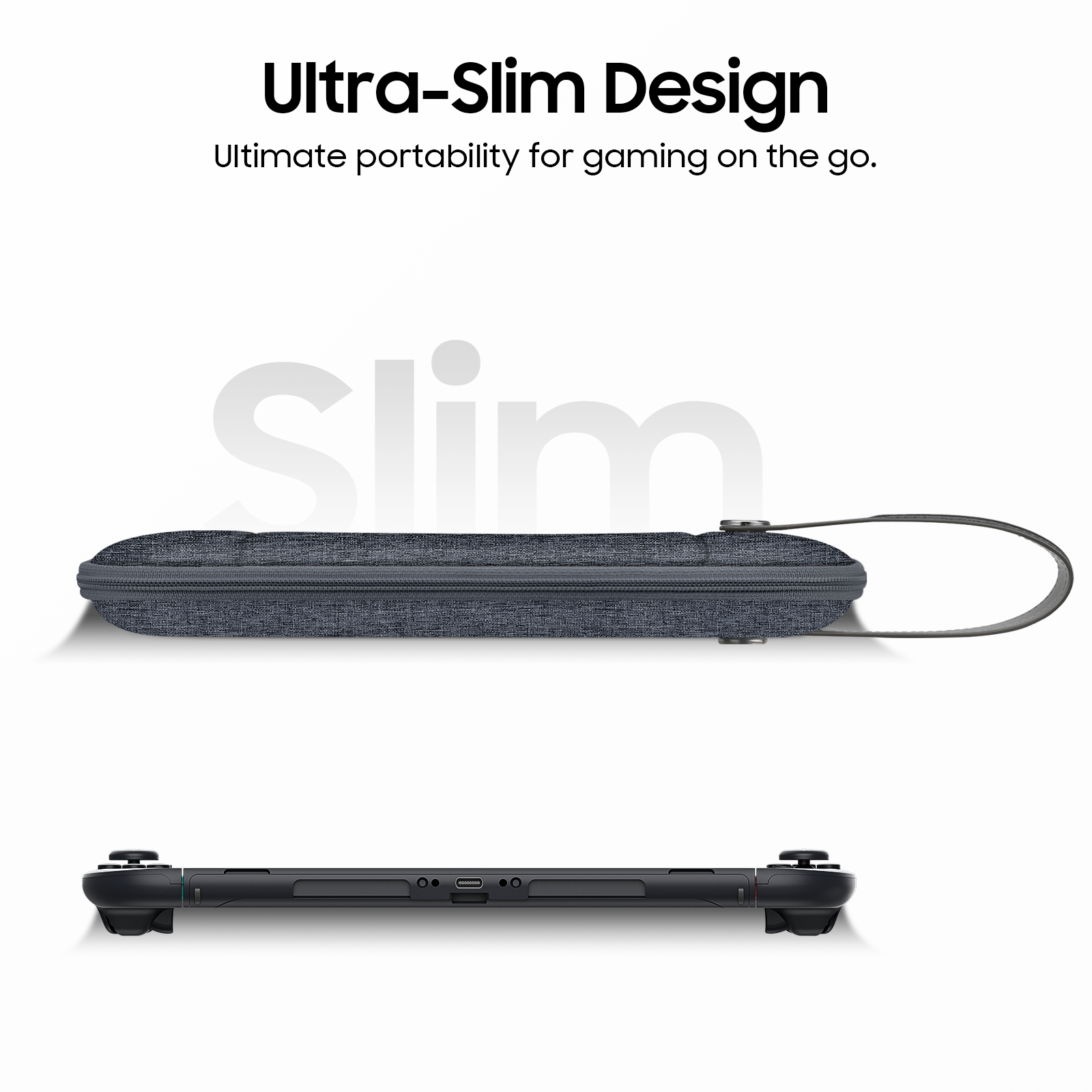 Das Bild zeigt eine graue Hülle und einen schwarzen Gamecontroller. Der Text lautet 'Ultra-Slim Design' und 'Slim' im Hintergrund.