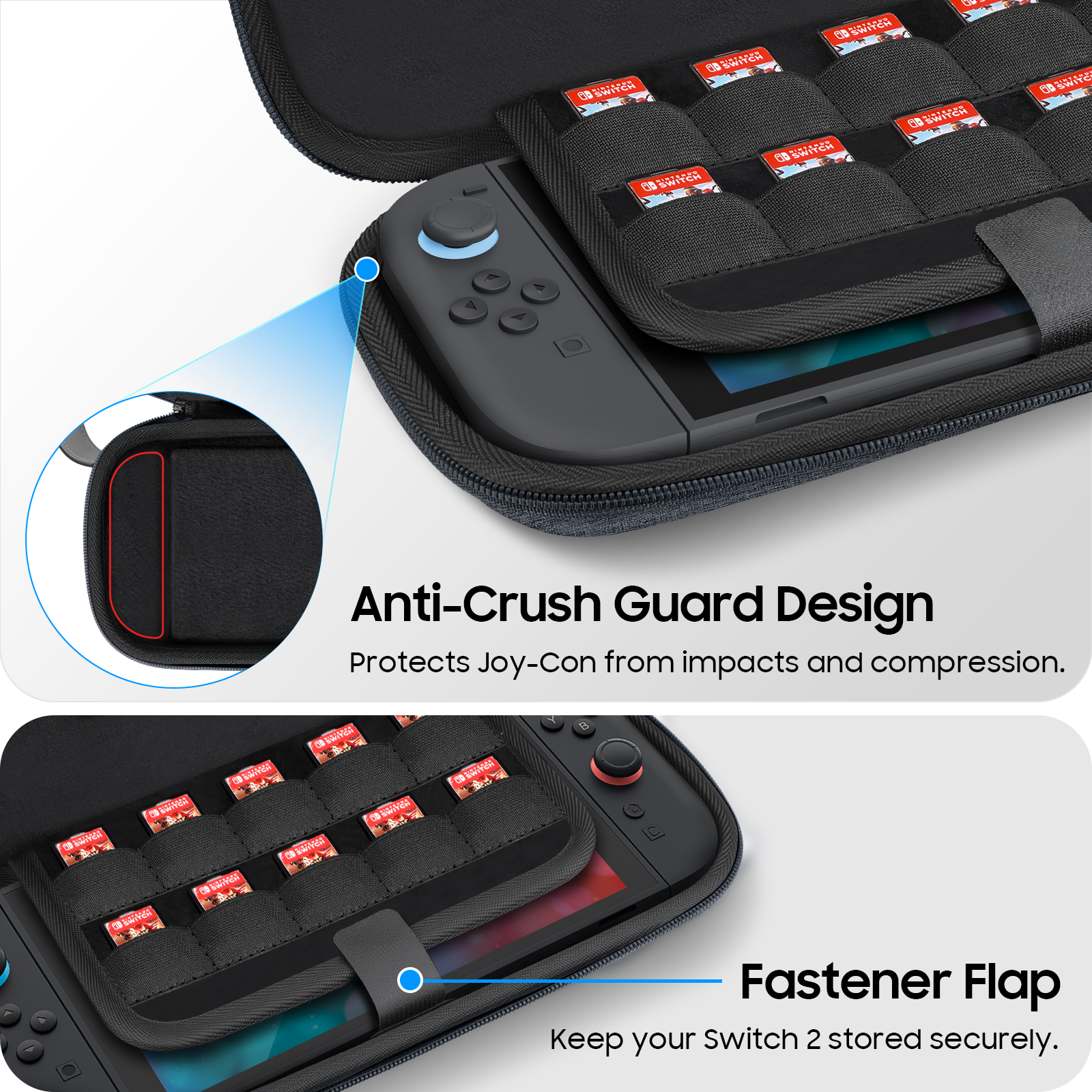 Ein schwarzes Etui mit einer Switch-Konsole, Spielkassetten und Schutzfunktionen wird gezeigt.