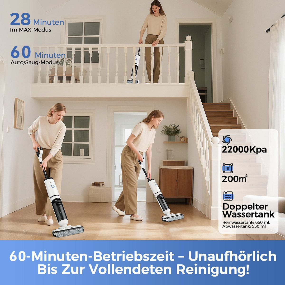 Drei Frauen reinigen Böden mit Staubsaugern in einem zweistöckigen Haus. Infografiken zeigen Reinigungsleistung und Zeitdauer.