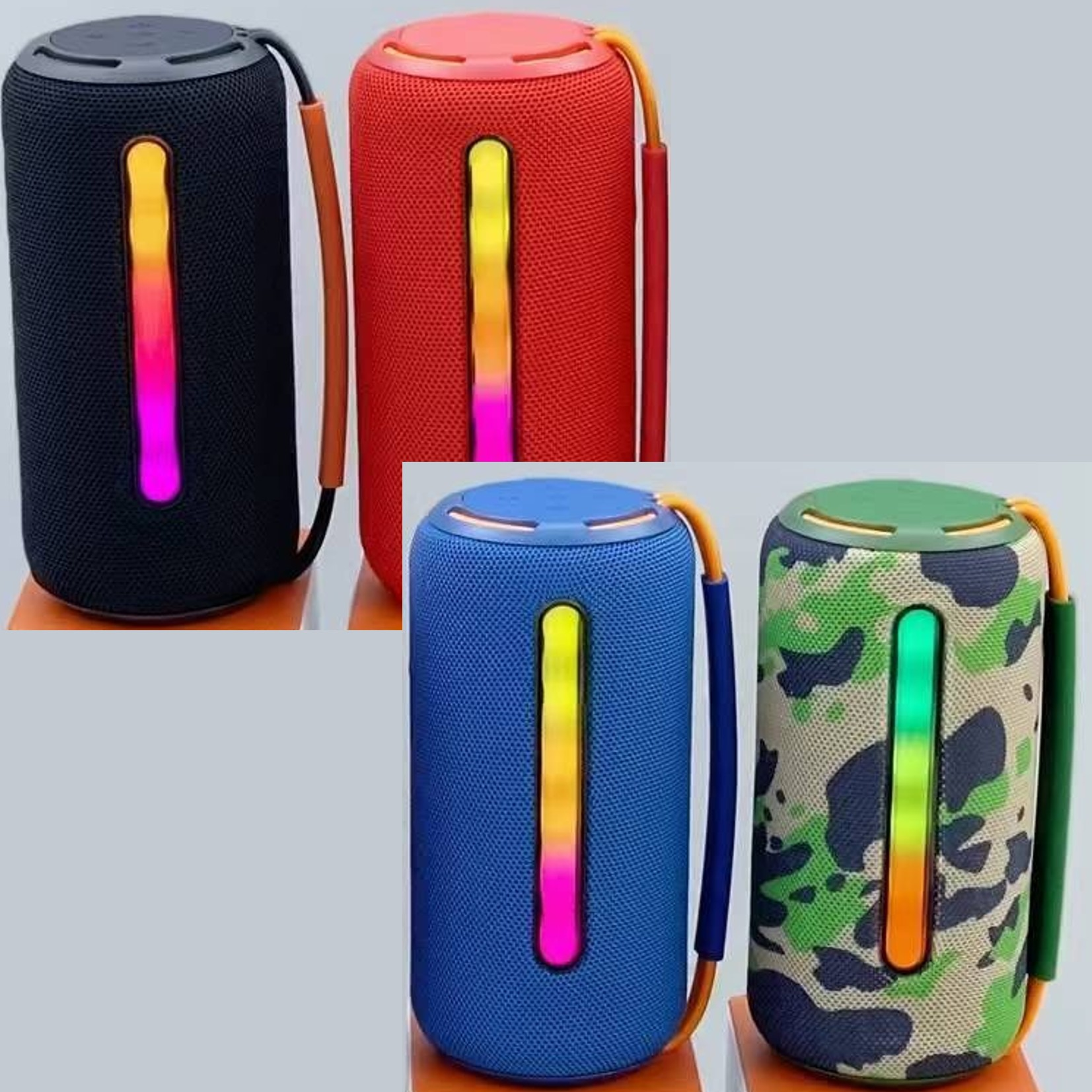 Cuatro altavoces cilíndricos en negro, rojo, azul y camuflaje. Cada uno con una tira de luz vertical.