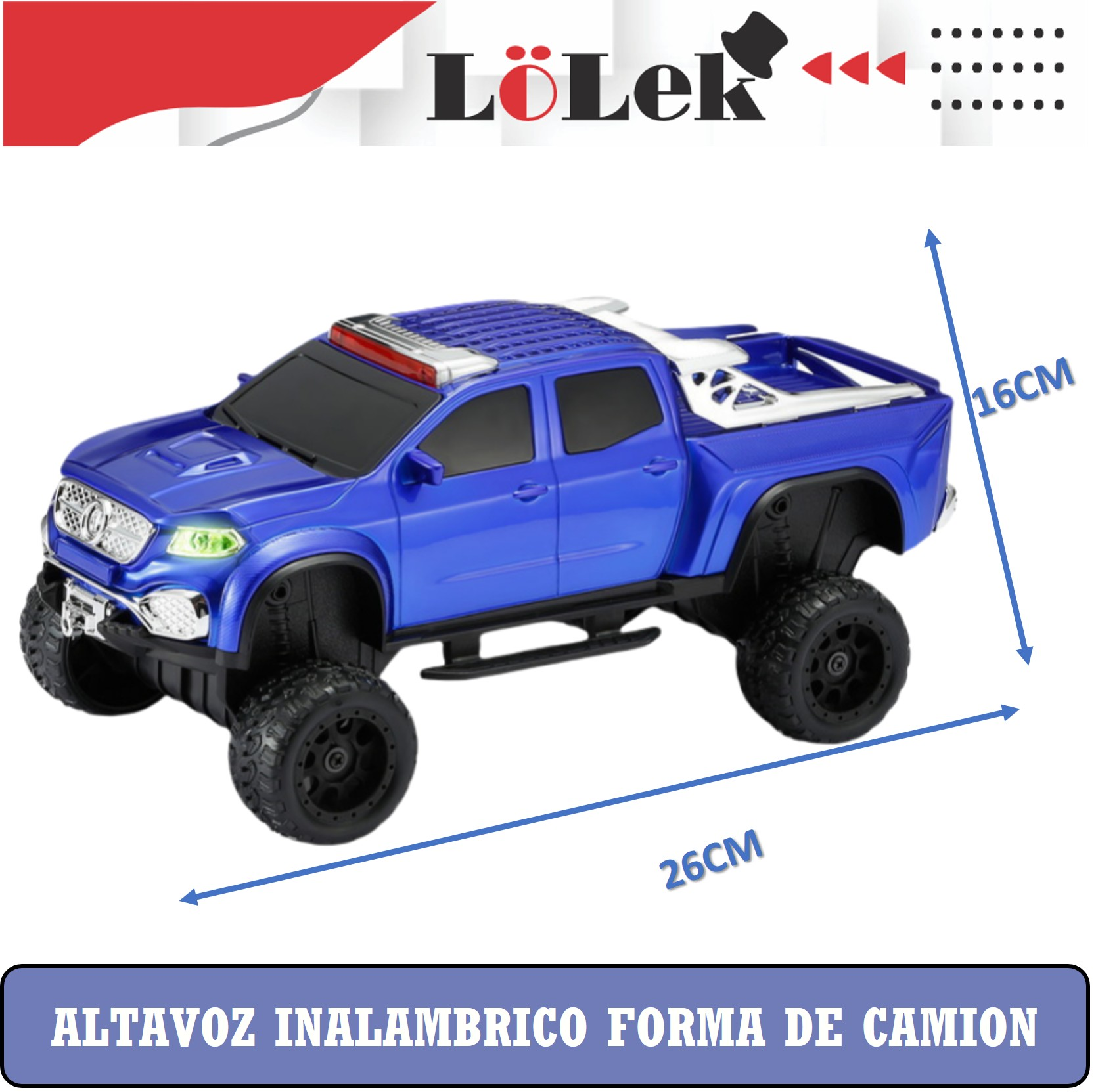 Camión de juguete azul con ruedas negras, etiquetado 26 cm de largo y 16 cm de alto. El texto 'ALTAVOZ INALAMBRICO FORMA DE CAMION' abajo.