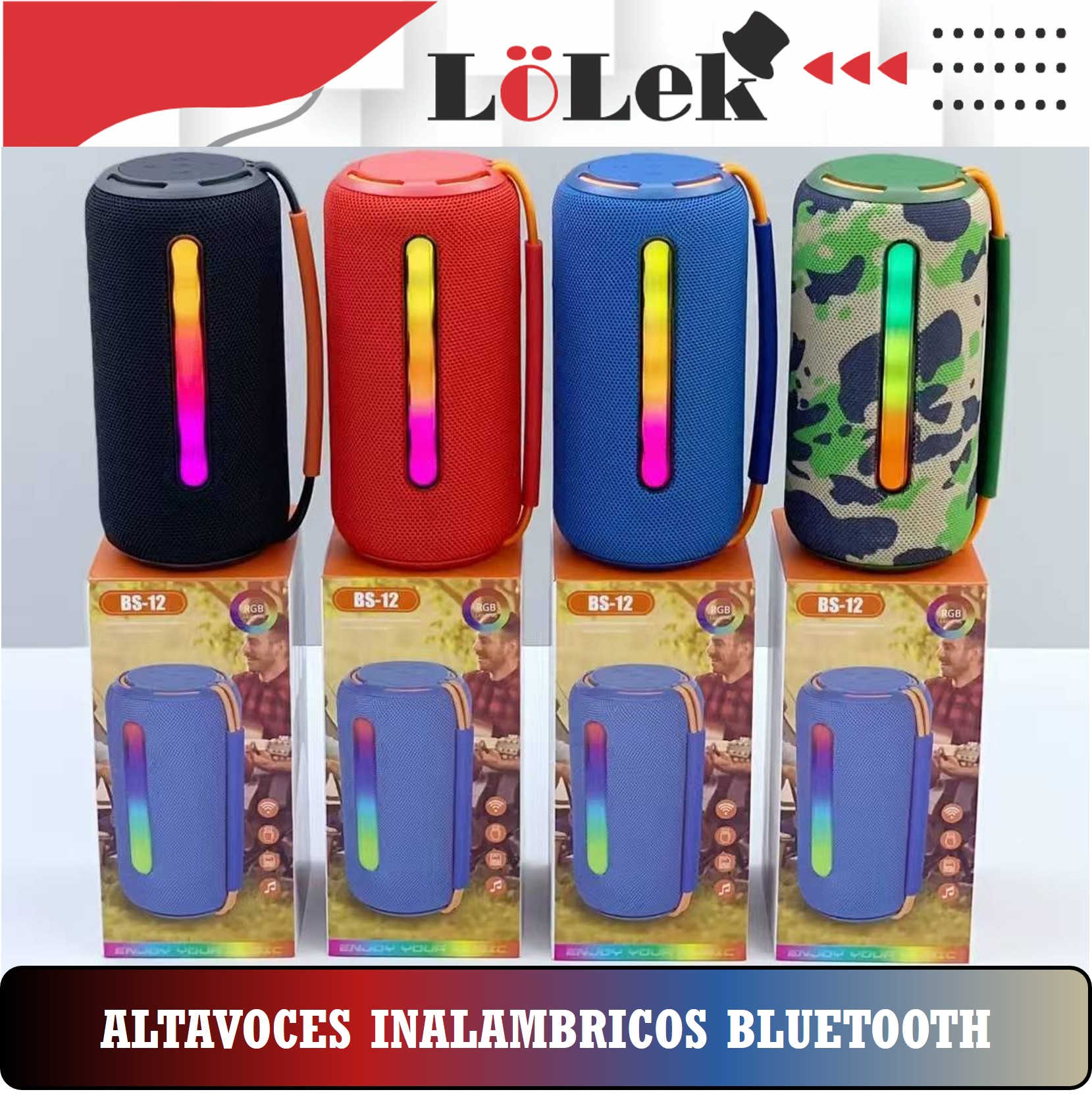 Cuatro altavoces Bluetooth coloridos con cajas. Los altavoces superiores son negros, rojos, azules y camuflados. Las cajas muestran a un hombre con guitarra.