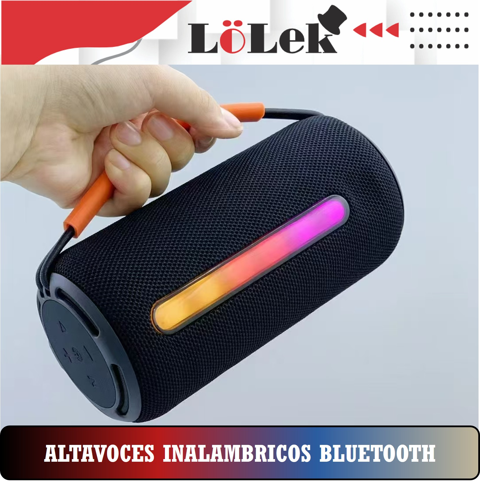 Una mano sostiene un altavoz Bluetooth negro con asas naranjas y una franja multicolor iluminada. El texto dice 'ALTAVOCES INALAMBRICOS BLUETOOTH'.