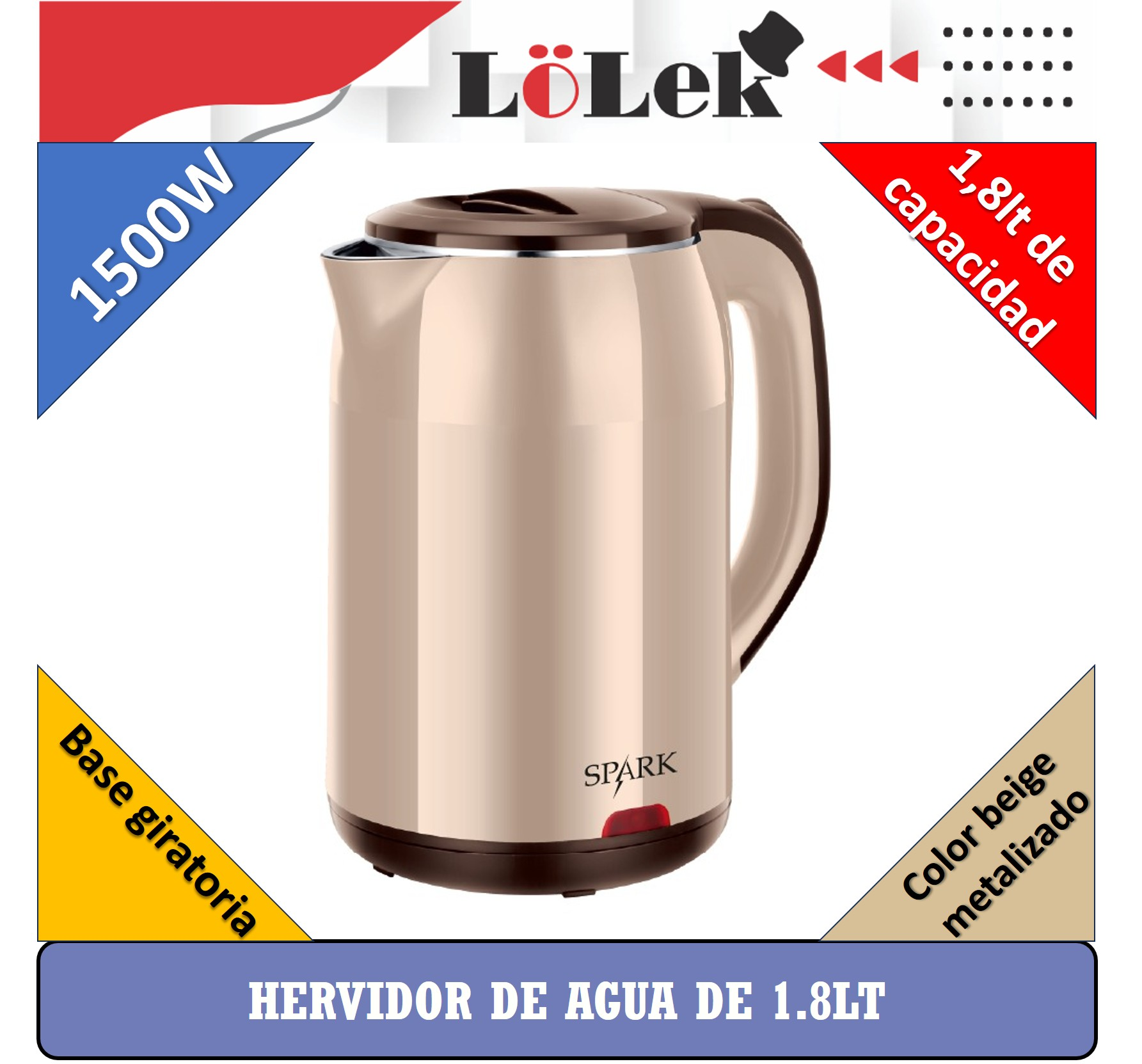 Una tetera eléctrica con acabado metálico beige. Tiene un asa y un botón rojo. El texto indica una capacidad de 1,8L.