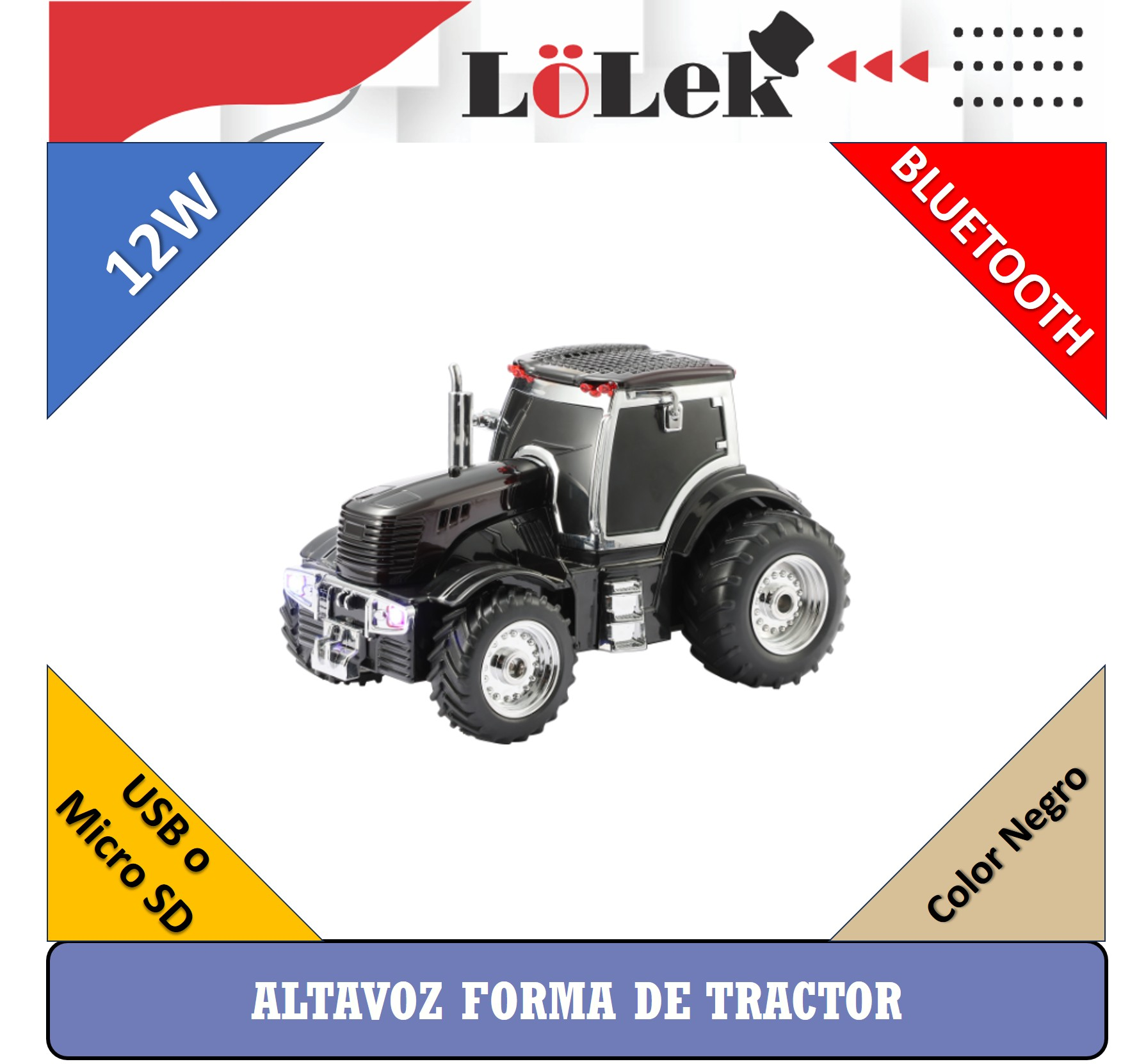 Un altavoz negro con forma de tractor con ruedas y detalles plateados, Bluetooth, USB y Micro SD. Tiene 12W de potencia.