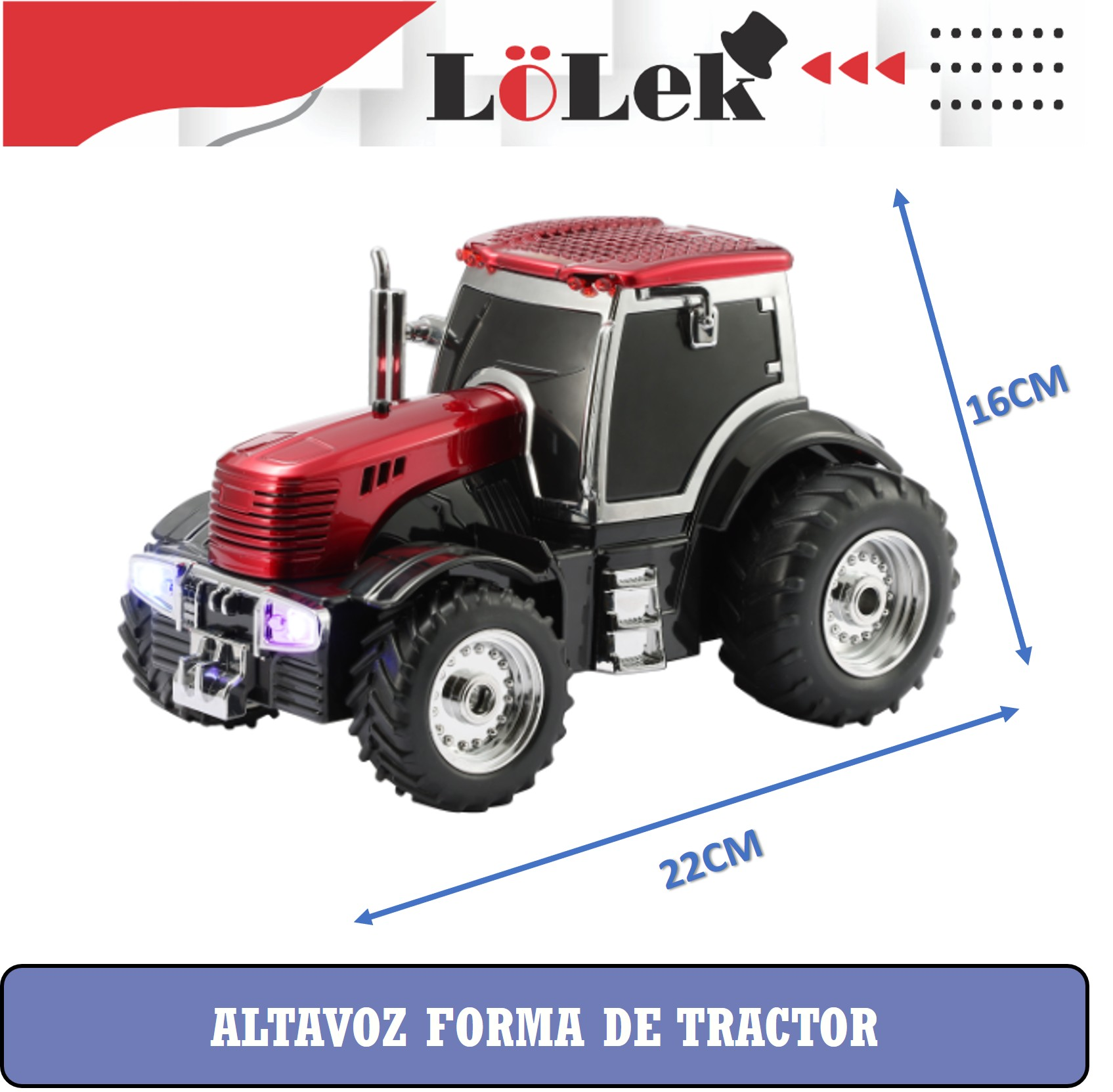 Un tractor de juguete rojo y negro. Dimensiones 22x16cm. Tiene un altavoz con la etiqueta "ALTAVOZ FORMA DE TRACTOR".