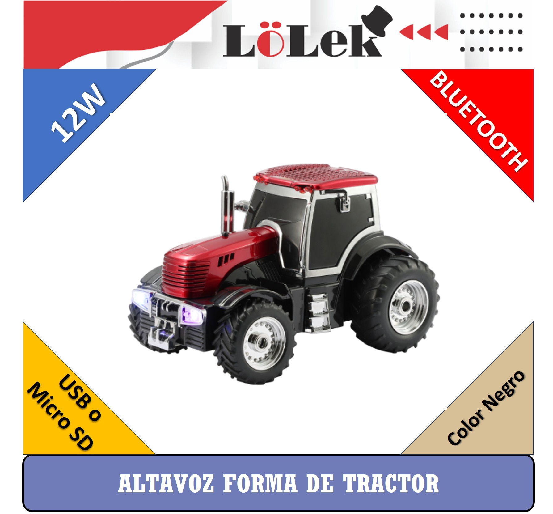 Un altavoz rojo y negro con forma de tractor y ruedas plateadas. Tiene la marca 'Lölek' y funciones Bluetooth, USB y Micro SD.