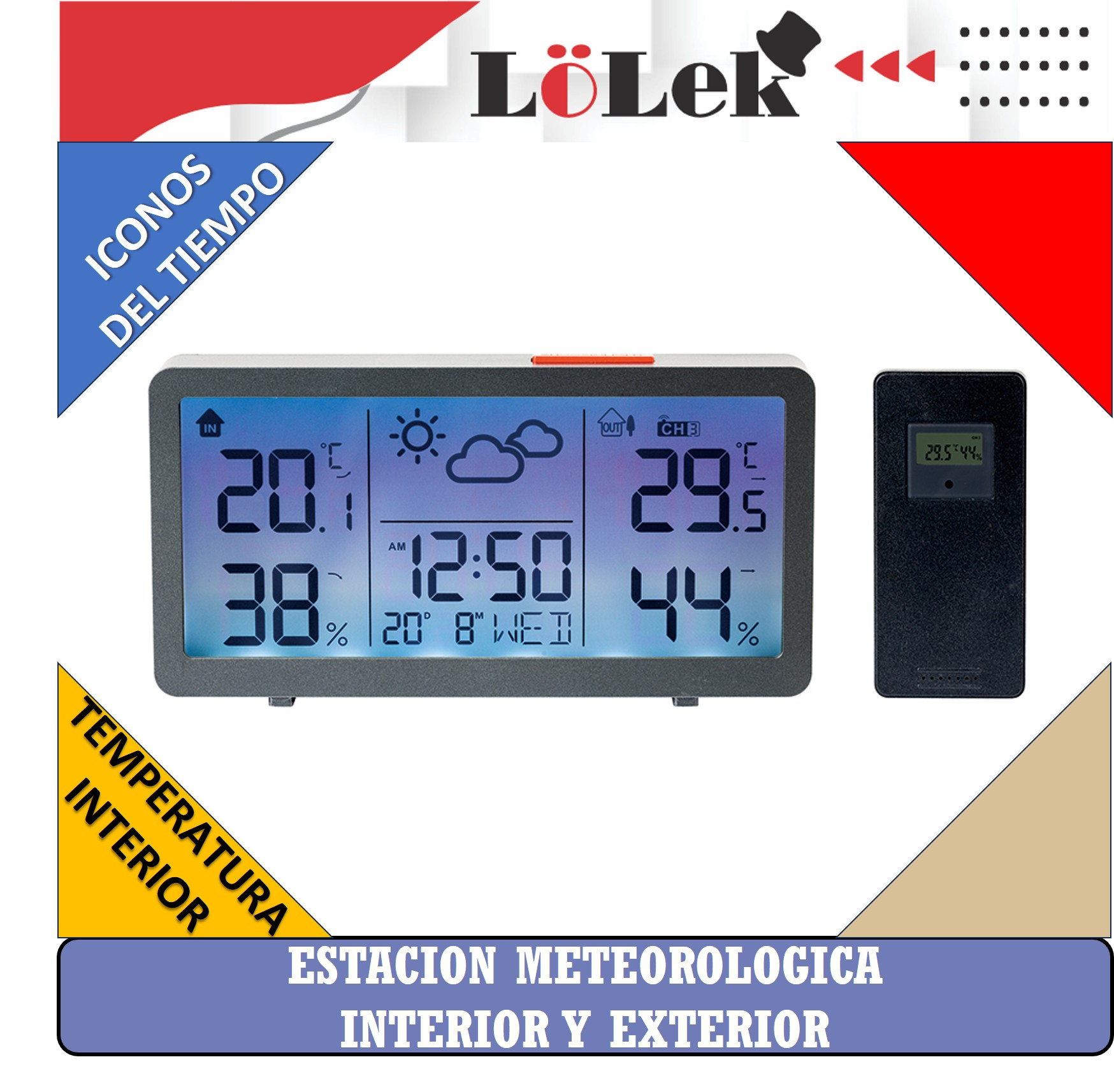 Una estación meteorológica muestra la temperatura interior/exterior, la hora y la humedad. El texto incluye 'Lölek', 'Temperatura Interior' y 'Estacion Meteorologica'.