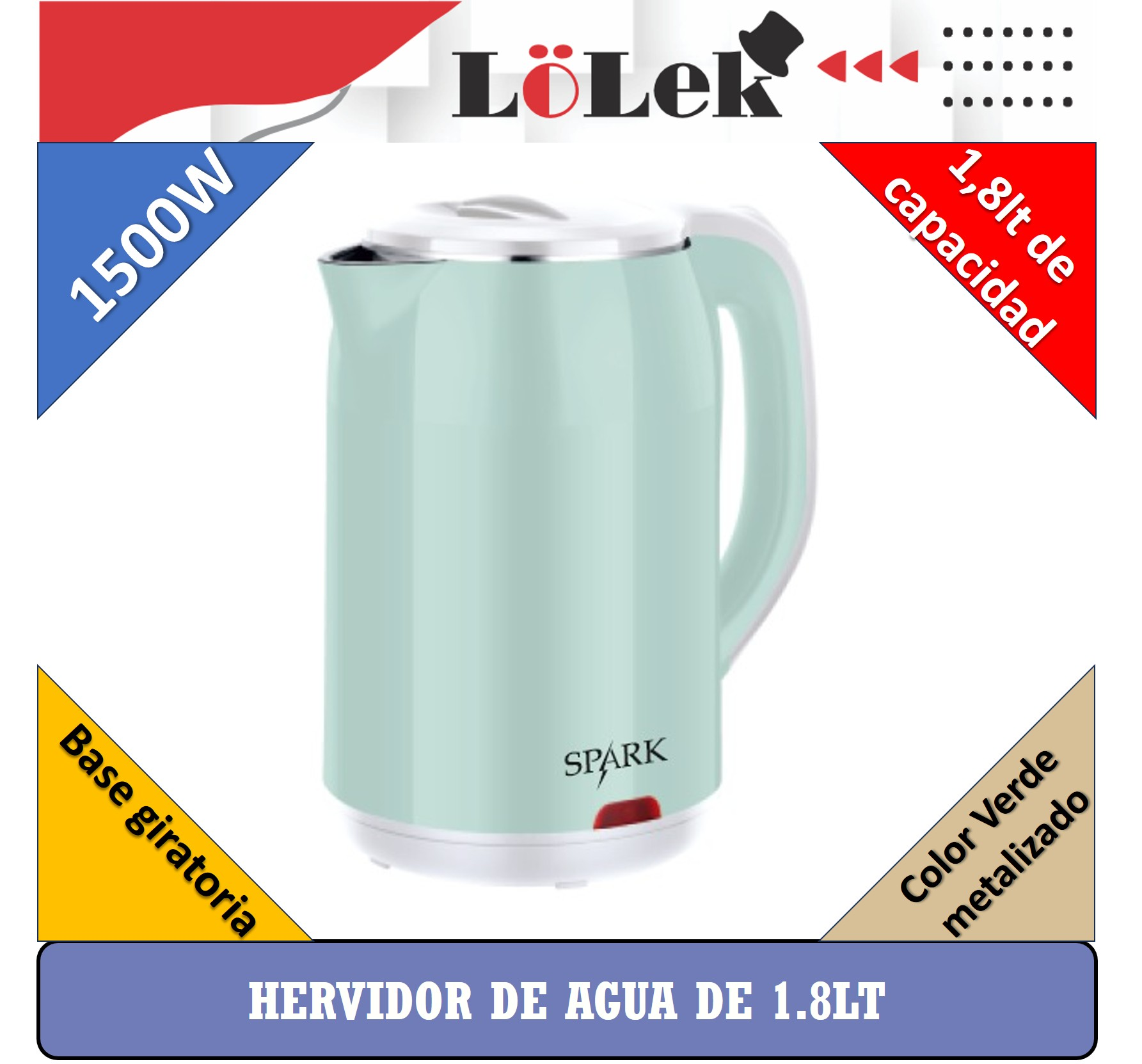 Un hervidor eléctrico, verde menta con base blanca. Texto incluye marca, capacidad y potencia en español.