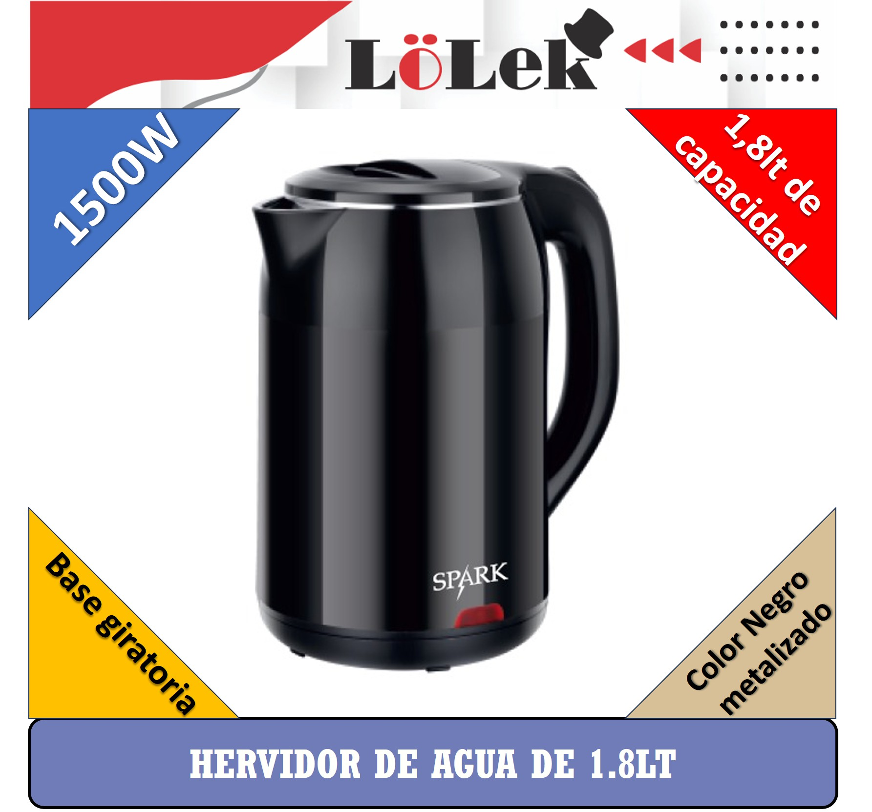 Una tetera eléctrica negra con asa, la marca es Spark, con texto que indica 1500W y capacidad de 1,8lt.