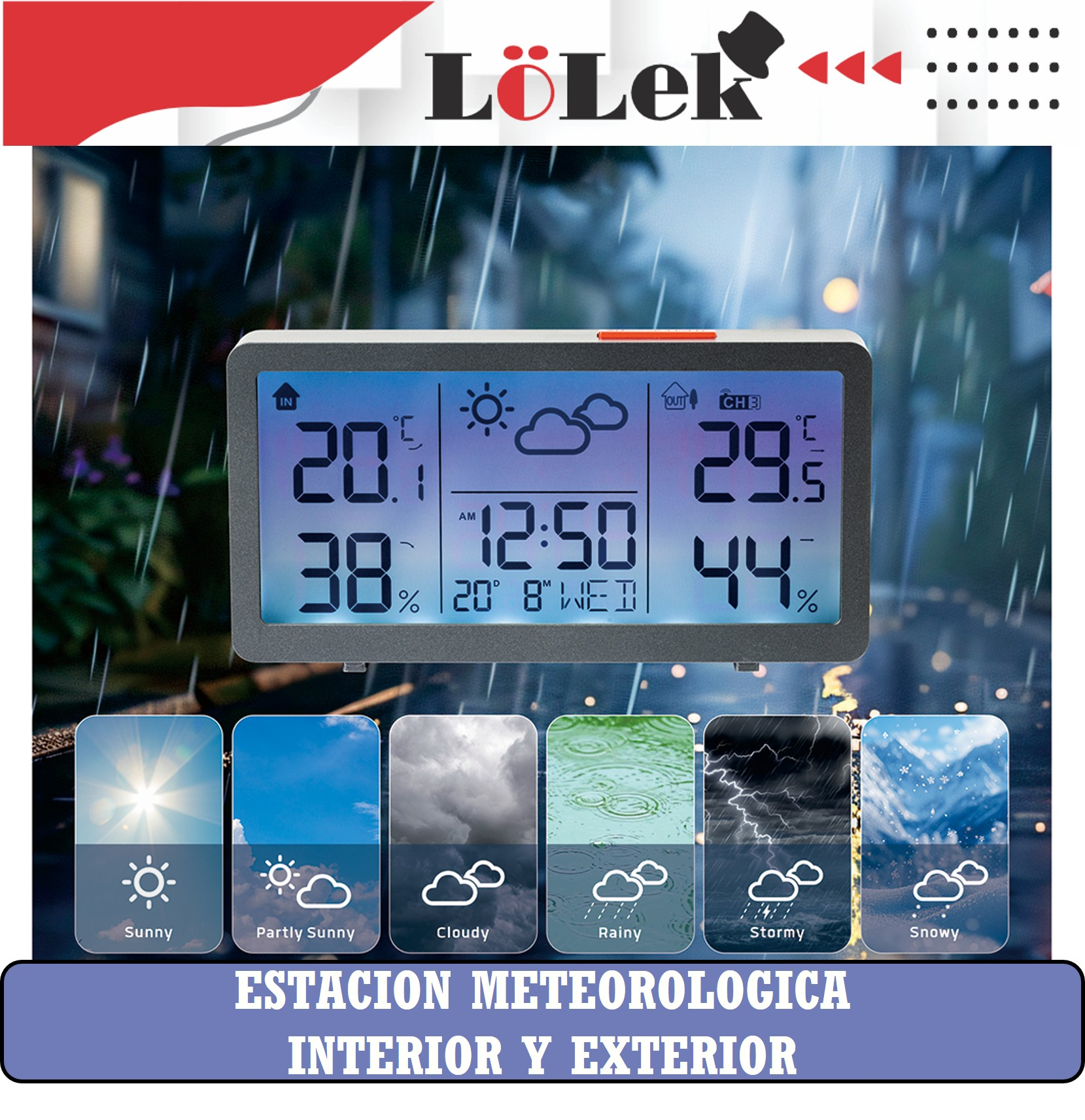 Estación meteorológica digital con temperatura interior/exterior, humedad, hora e iconos del tiempo.