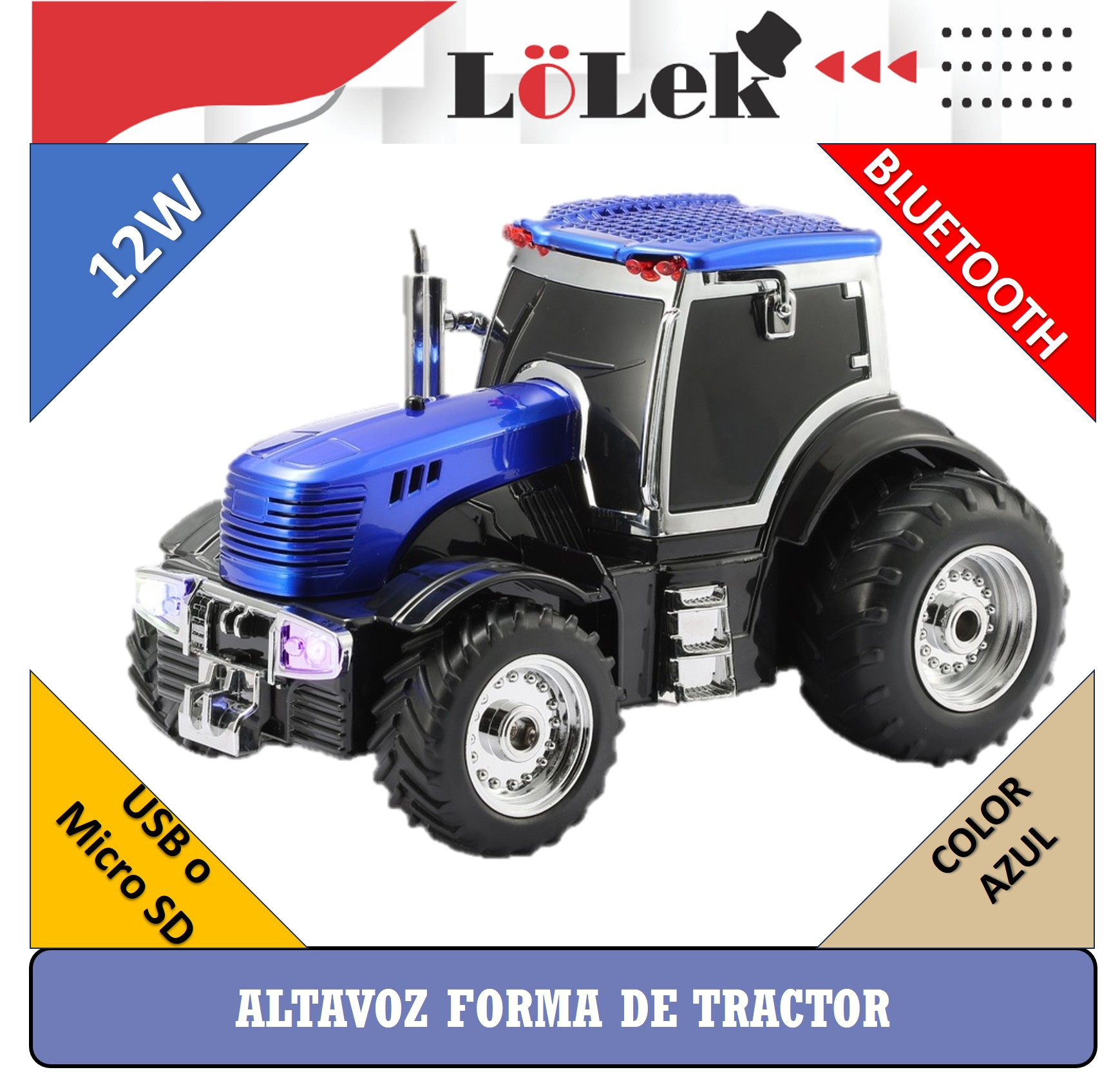 Un altavoz azul y negro con forma de tractor. Tiene Bluetooth, USB y Micro SD. El diseño incluye logotipos y etiquetas.