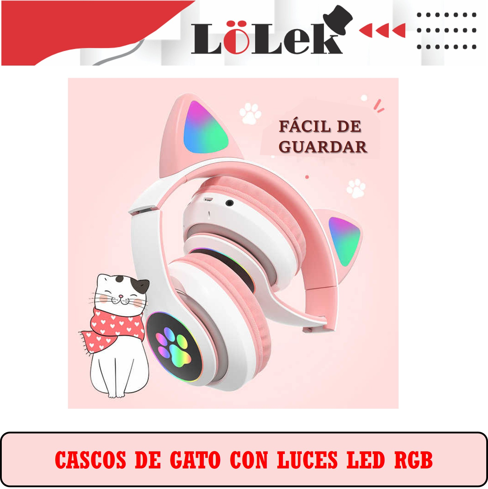 Auriculares rosas con orejas de gato y luces LED. Un gato de dibujos animados con bufanda en primer plano.