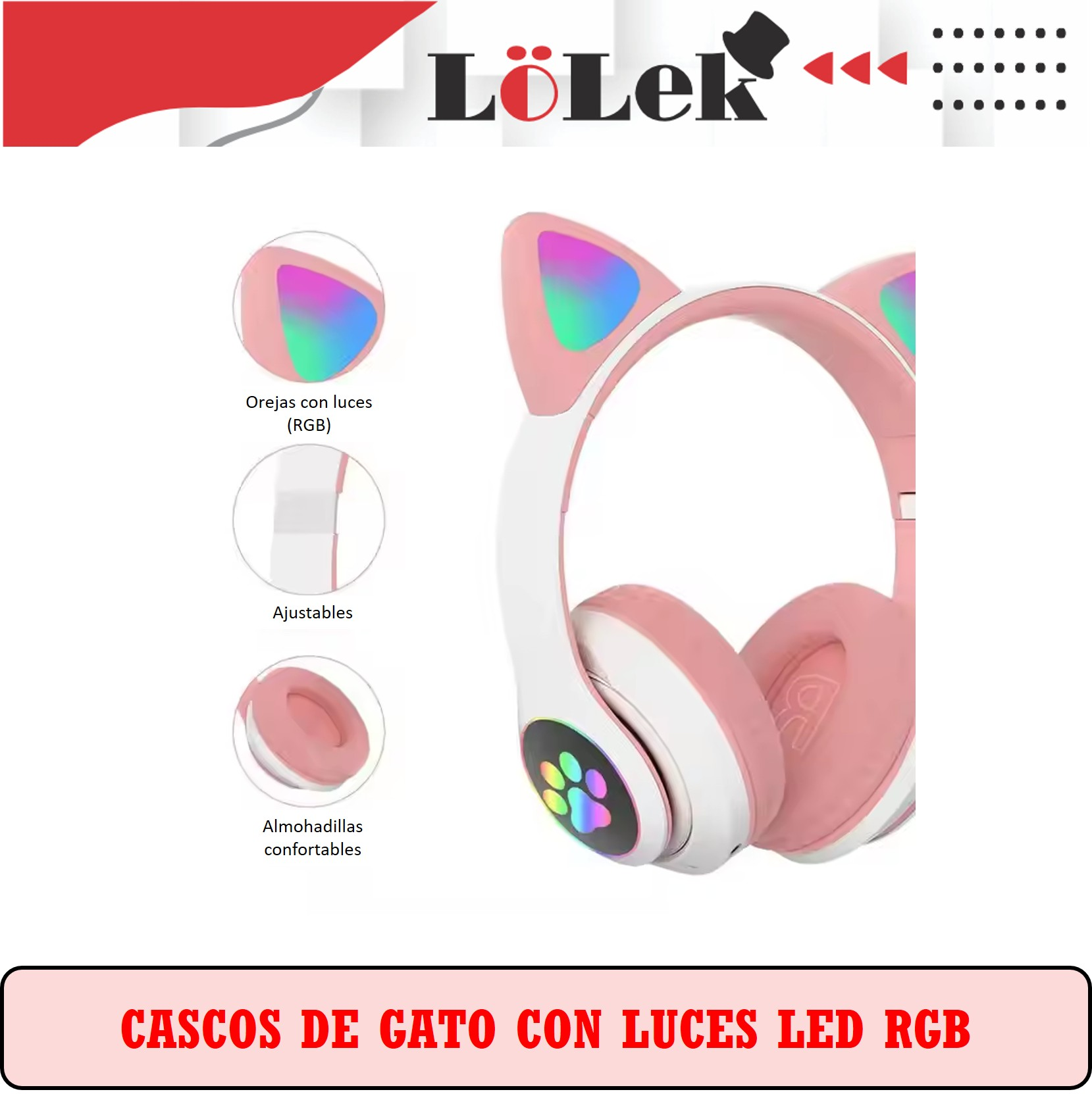 Auriculares de orejas de gato rosas y blancos con luces RGB. Diseño ajustable y almohadillas cómodas.