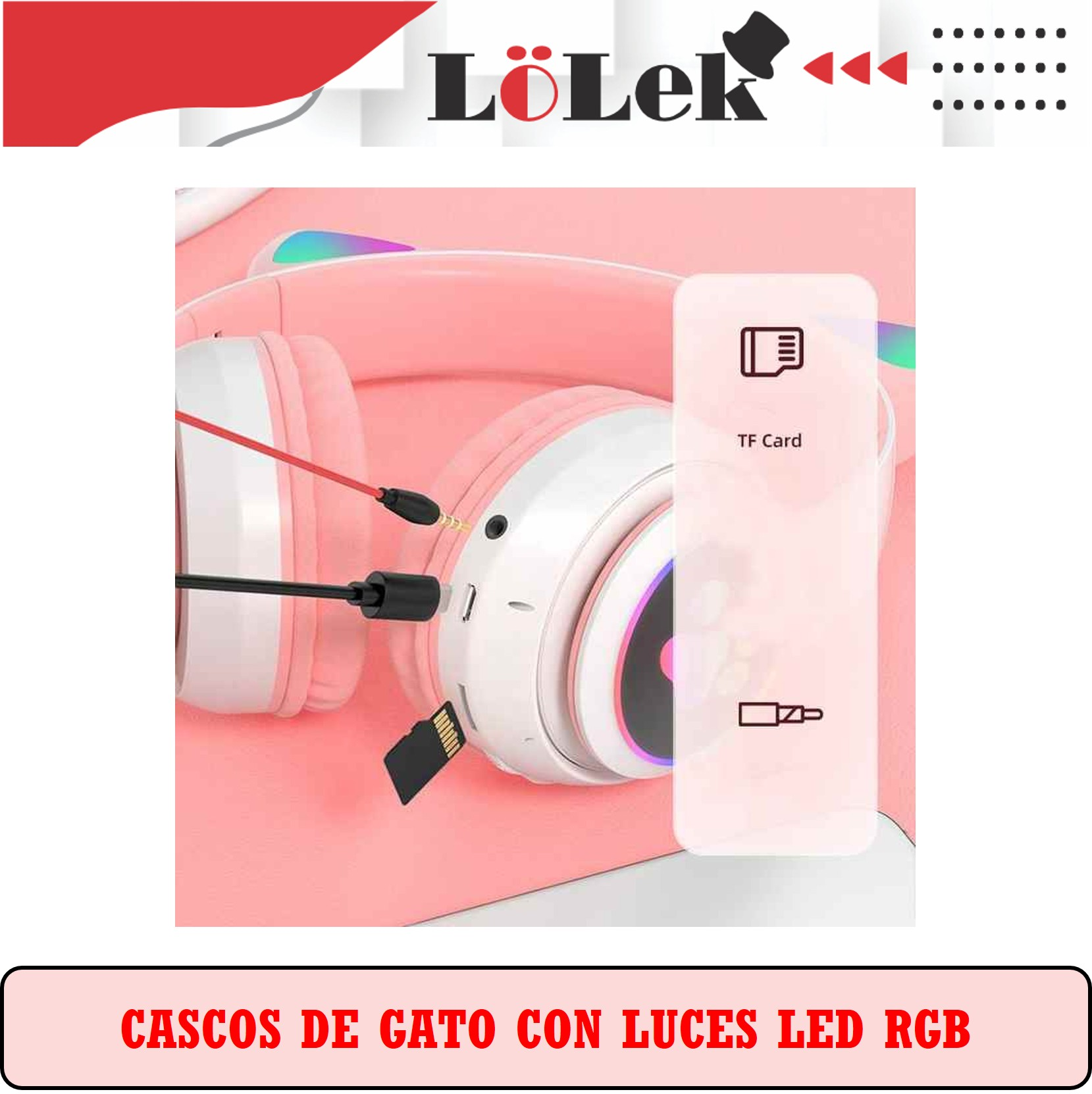 Auriculares rosas y blancos con orejas de gato, cables rojos y negros, una tarjeta TF y fondo rosa.