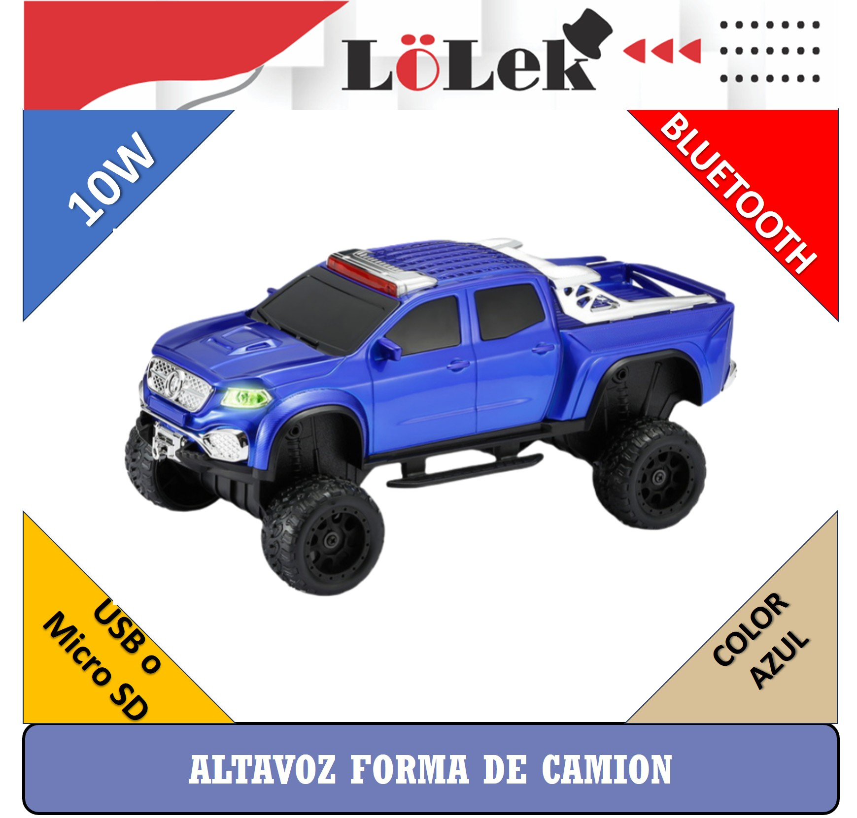 Un camión de juguete azul con grandes ruedas negras. Tiene una barra de luces roja y el texto "Bluetooth" es visible.
