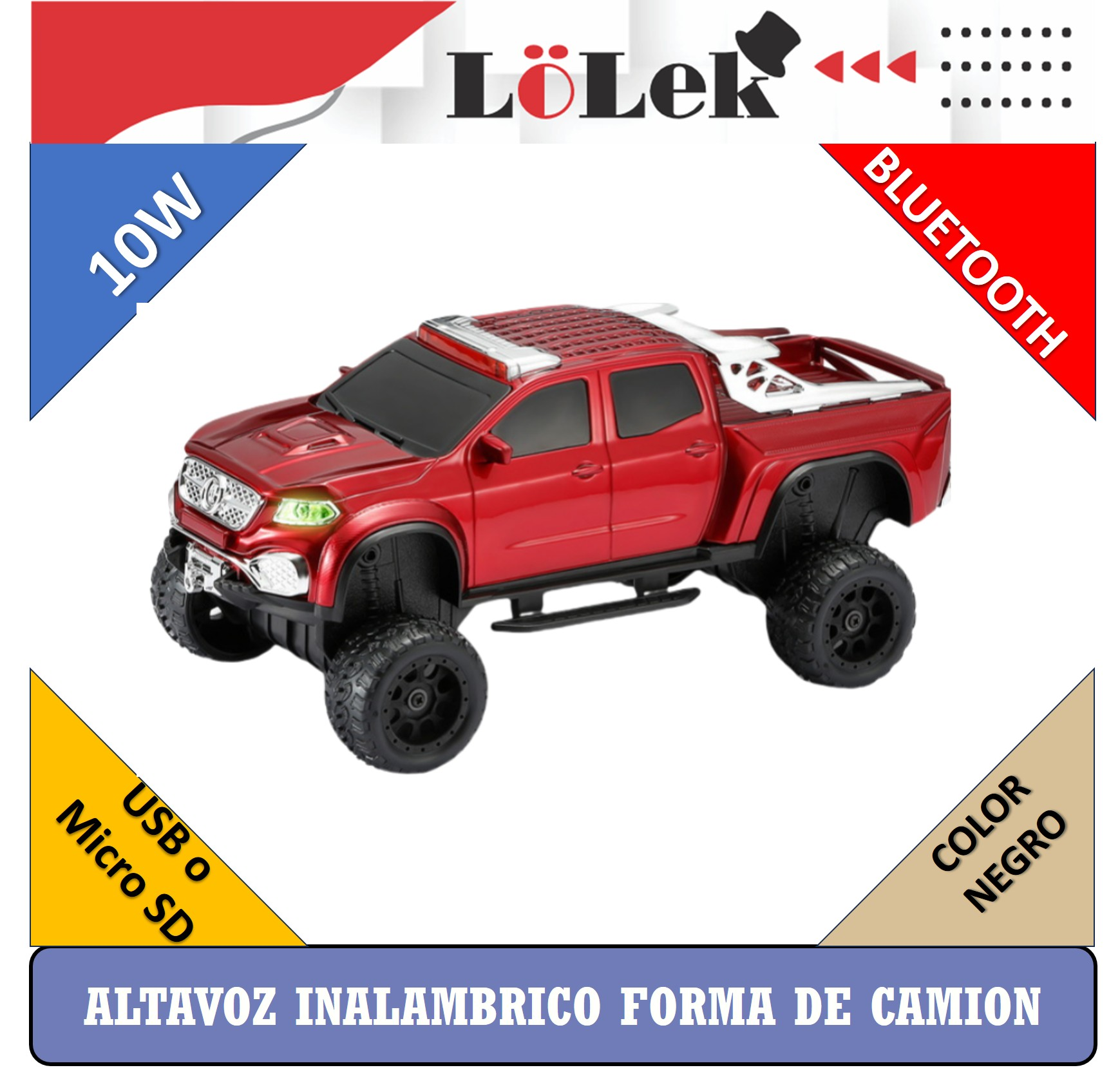 Altavoz de juguete rojo con ruedas y detalles negros. Cuenta con Bluetooth, USB y Micro SD. Texto: 10W, Color Negro y Lolek.