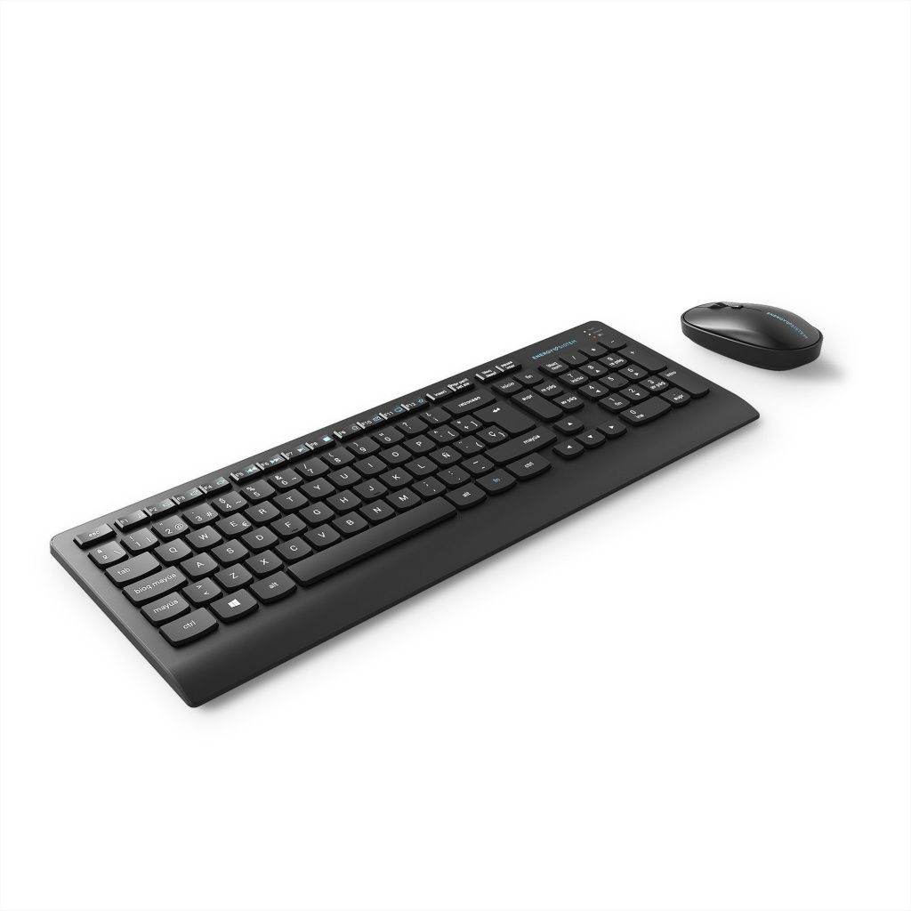 Un teclado y un ratón negros sobre fondo blanco. El teclado tiene teclas, el ratón está a la derecha.