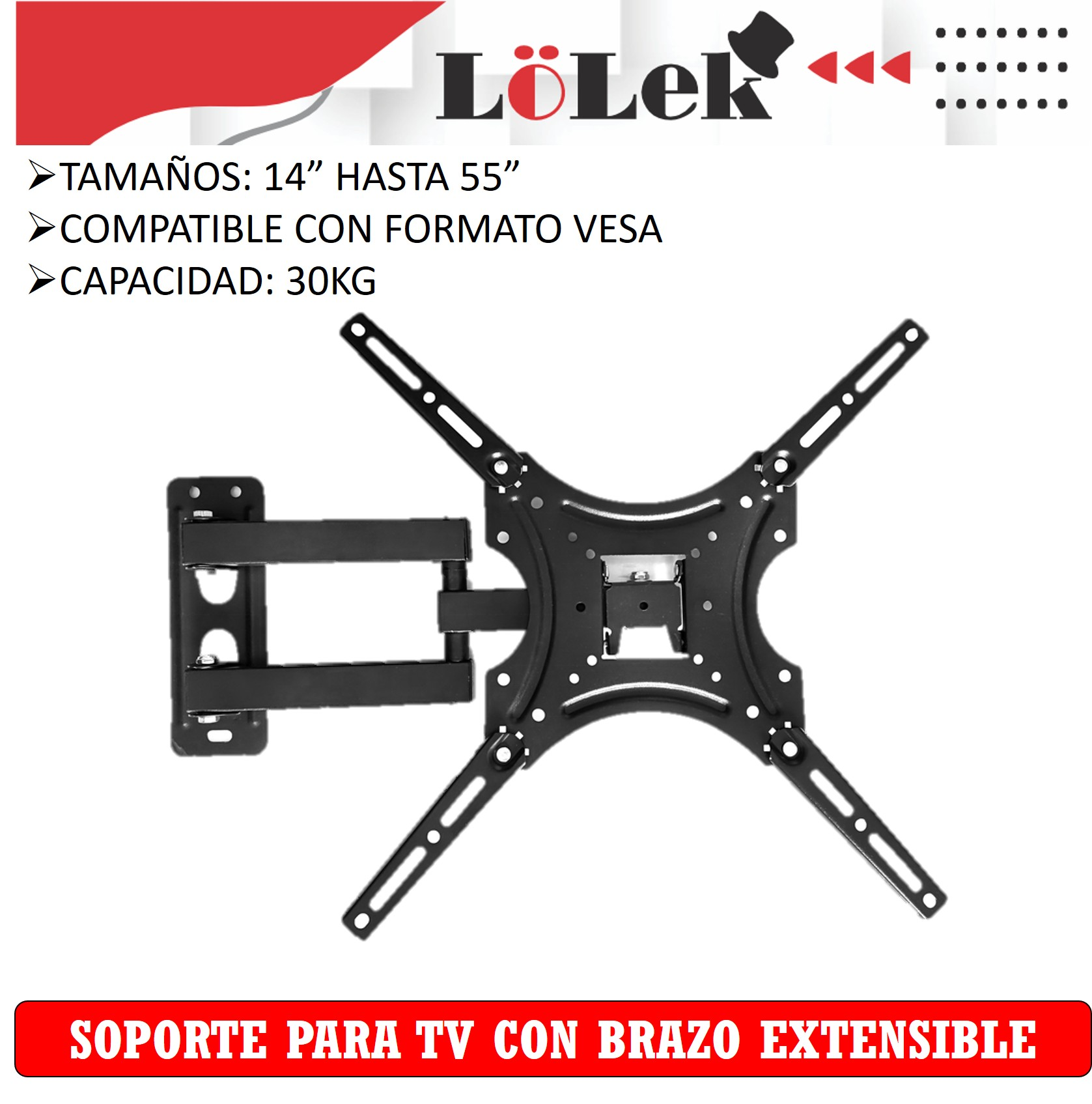 Soporte de pared para TV negro con brazo extensible. Admite TVs de 14" a 55" y hasta 30 kg. Marca LöLek.