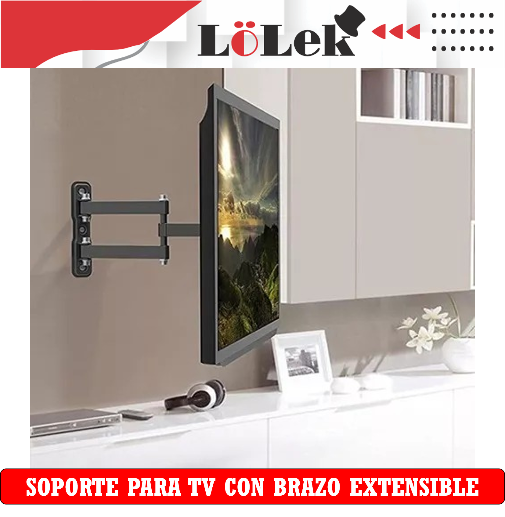 Un televisor montado en la pared con un brazo ajustable. La escena incluye un estante, decoración y un banner de producto.