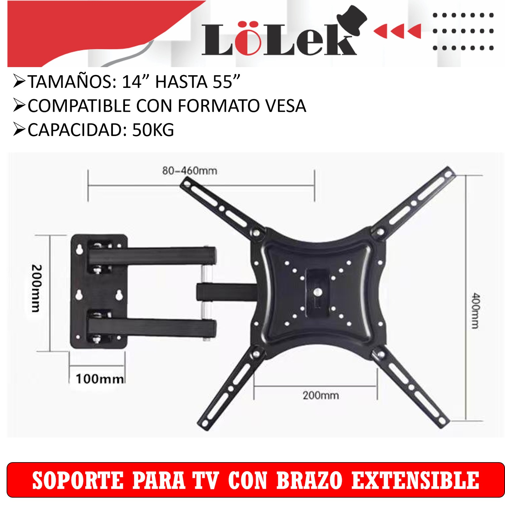 Un soporte de TV negro con dimensiones y texto en español. Admite televisores de 14" a 55" y soporta hasta 50 kg.