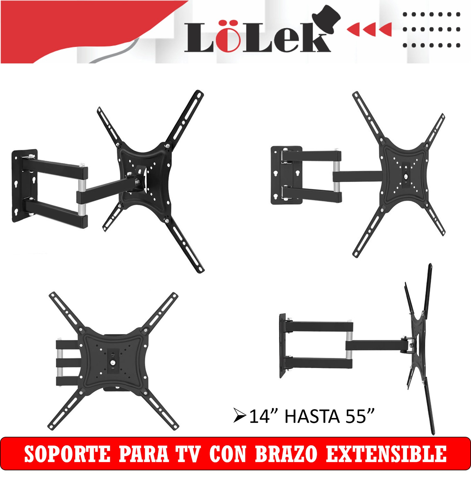Imagen muestra soportes de pared para TV con brazo extensible. El texto dice '14" Hasta 55" y 'Soporte para TV con brazo extensible'.