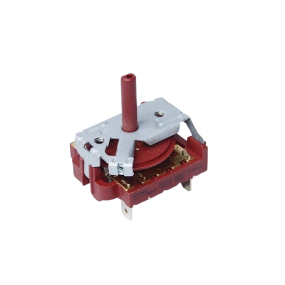 Una pieza de electrodoméstico roja y gris. Tiene un dial rojo y un vástago rojo, con puntos de contacto dorados y un marco de metal gris.