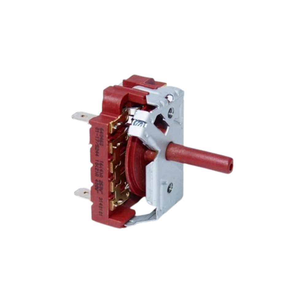 Un componente de electrodoméstico rojo y plateado con un botón rojo. Tiene contactos eléctricos y marcas.