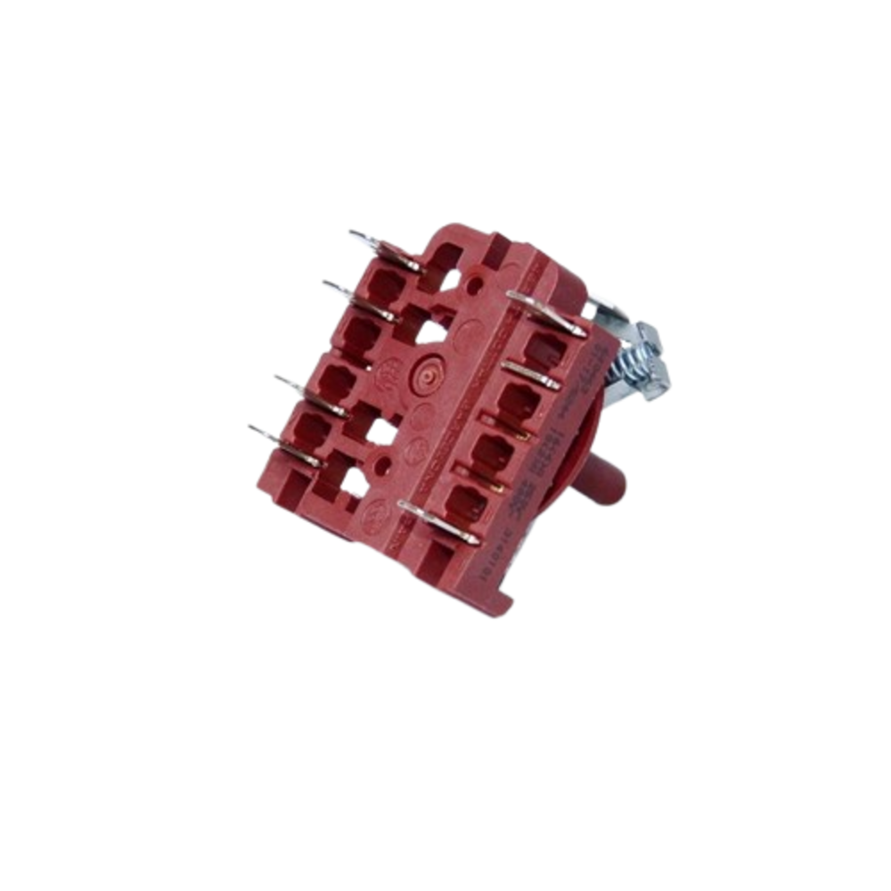 Un componente eléctrico rojo con múltiples clavijas metálicas y un resorte. Parece ser un interruptor o parte de un dispositivo electrónico más grande.