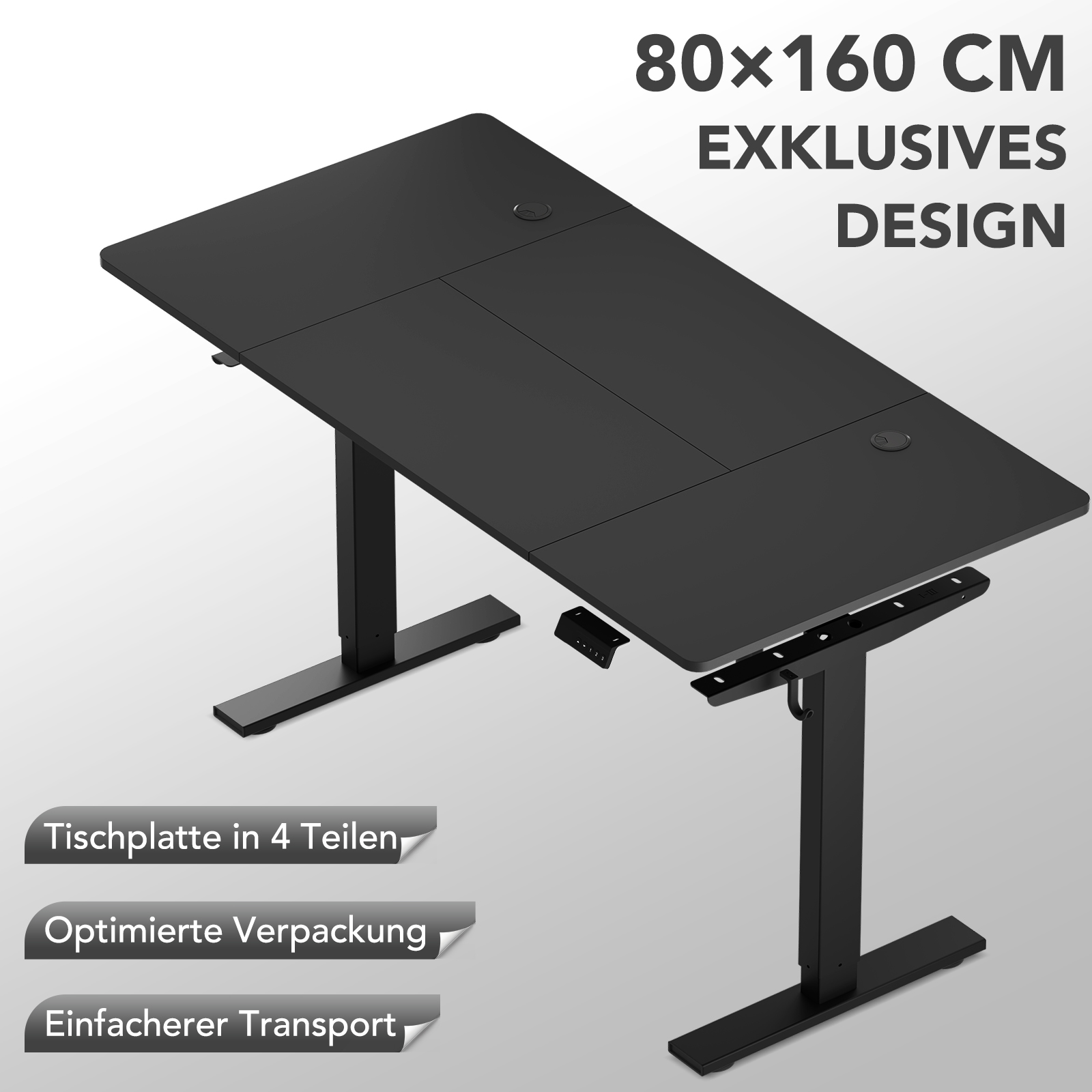 Schwarzer Schreibtisch mit verstellbarer Höhe. Er hat eine 4-teilige Tischplatte, mit dem Text "80x160 CM EXKLUSIVES DESIGN".