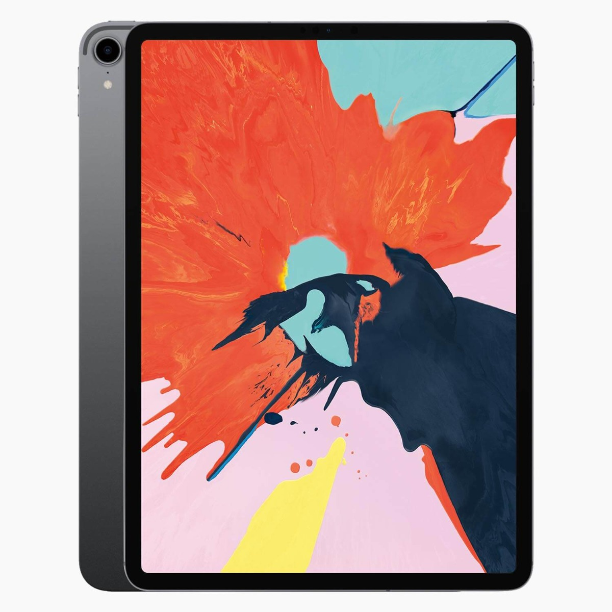Une tablette argentée affiche une œuvre d'art abstraite colorée avec des coups de pinceau rouges, bleus, jaunes et noirs.