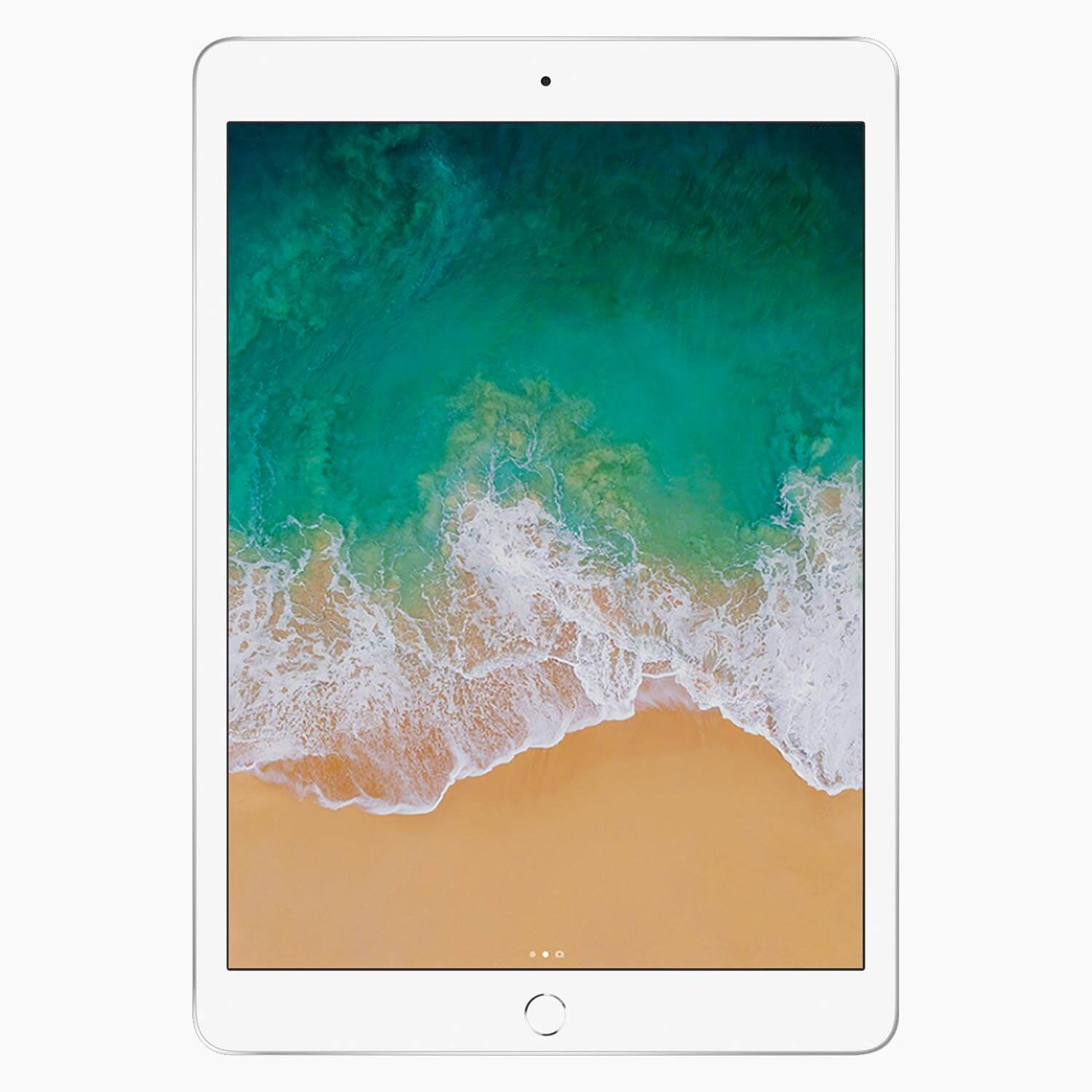 Witte tablet met een strandscène. Turkoois water ontmoet een zandstrand, met witte golven die dicht bij de kust breken.