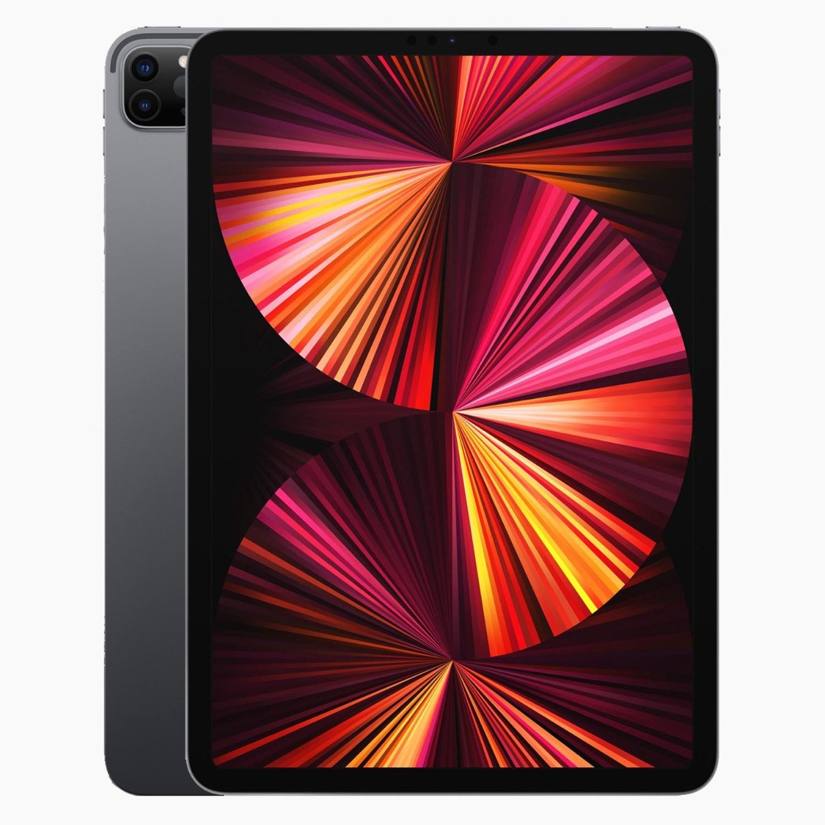 Un iPad Pro gris sidéral. L'écran affiche un motif radial de lignes rouges, oranges et jaunes sur fond noir.