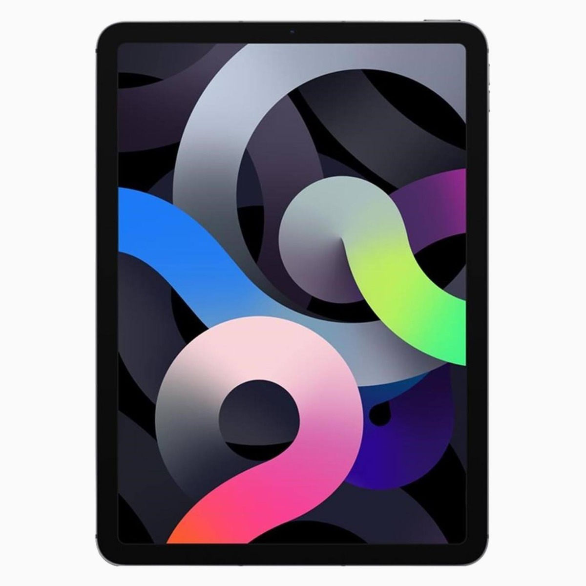 Ein schwarzes iPad Air zeigt einen bunten, abstrakten Hintergrund mit Kurven und Farbverläufen in Blau, Rosa, Grün und Lila.