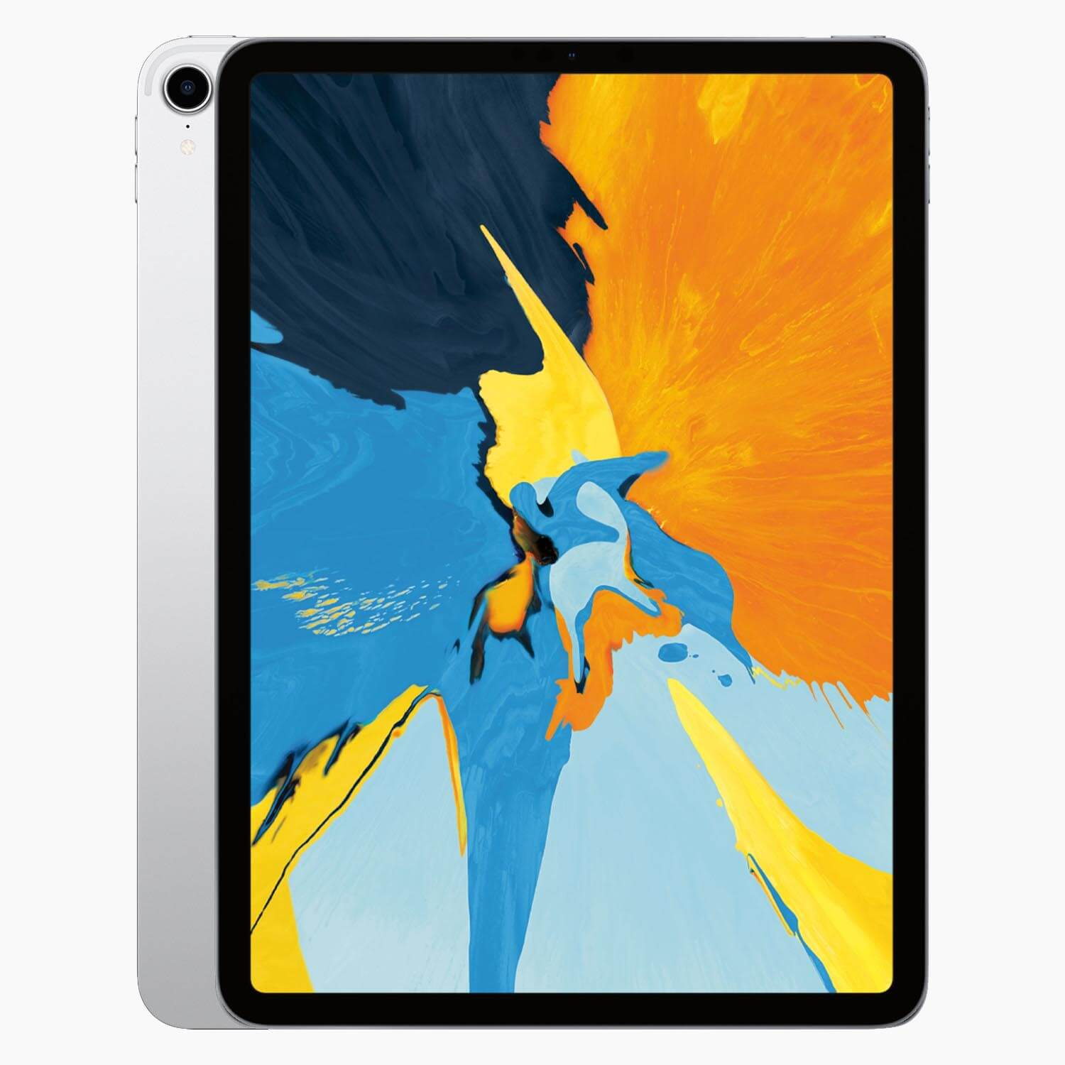 Silbernes iPad mit einem farbenfrohen abstrakten Gemälde auf dem Bildschirm. Das Gemälde hat blaue, orange und gelbe Formen.