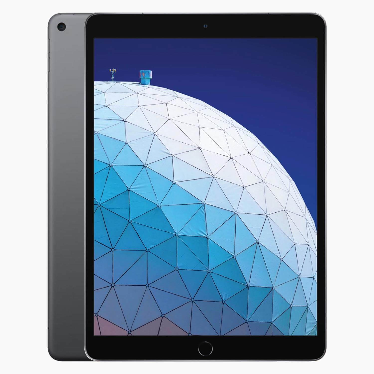 Une tablette grise est à côté d'une autre. L'écran affiche un motif géométrique de formes bleues et blanches sur fond de ciel bleu.