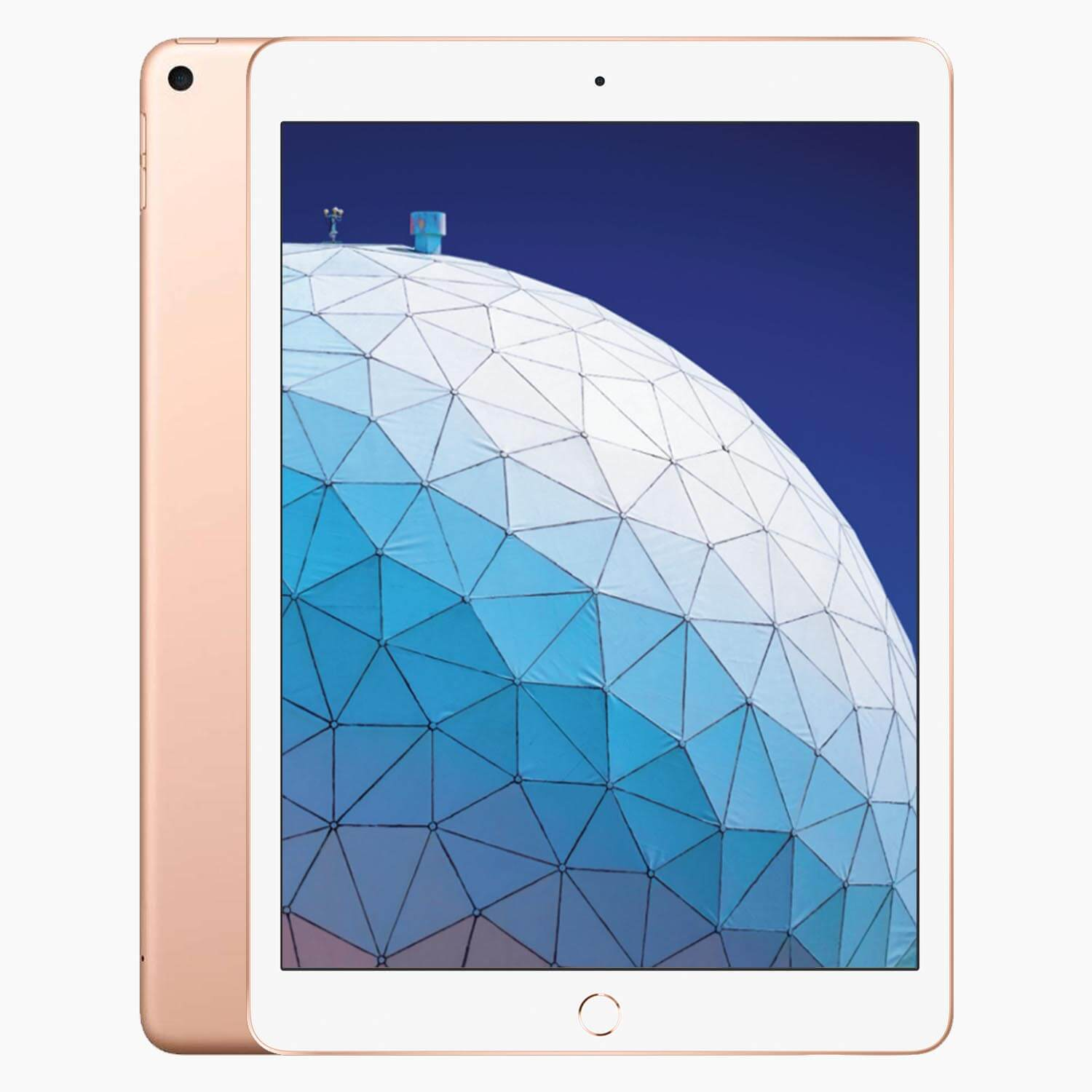Goldenes Tablet mit weißem Bildschirm. Der Bildschirm zeigt eine geometrische, blau-weiße Kuppel vor dunkelblauem Himmel.