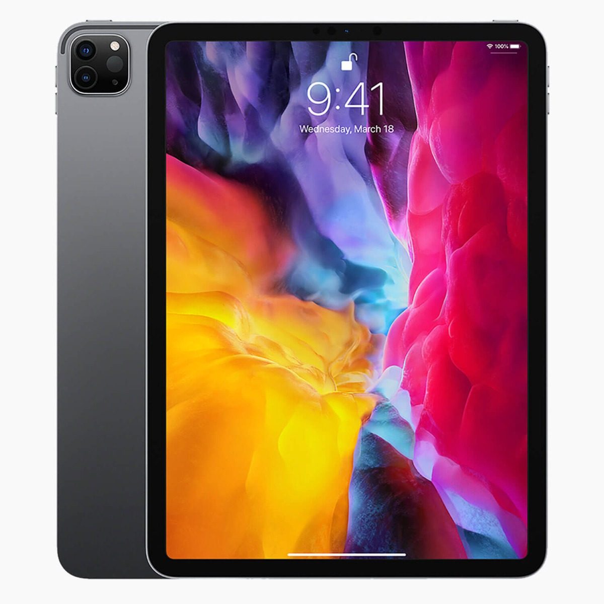 iPad Pro in Space Gray, met het scherm dat de tijd en een kleurrijk abstract behang laat zien. De achterkant heeft een camera.